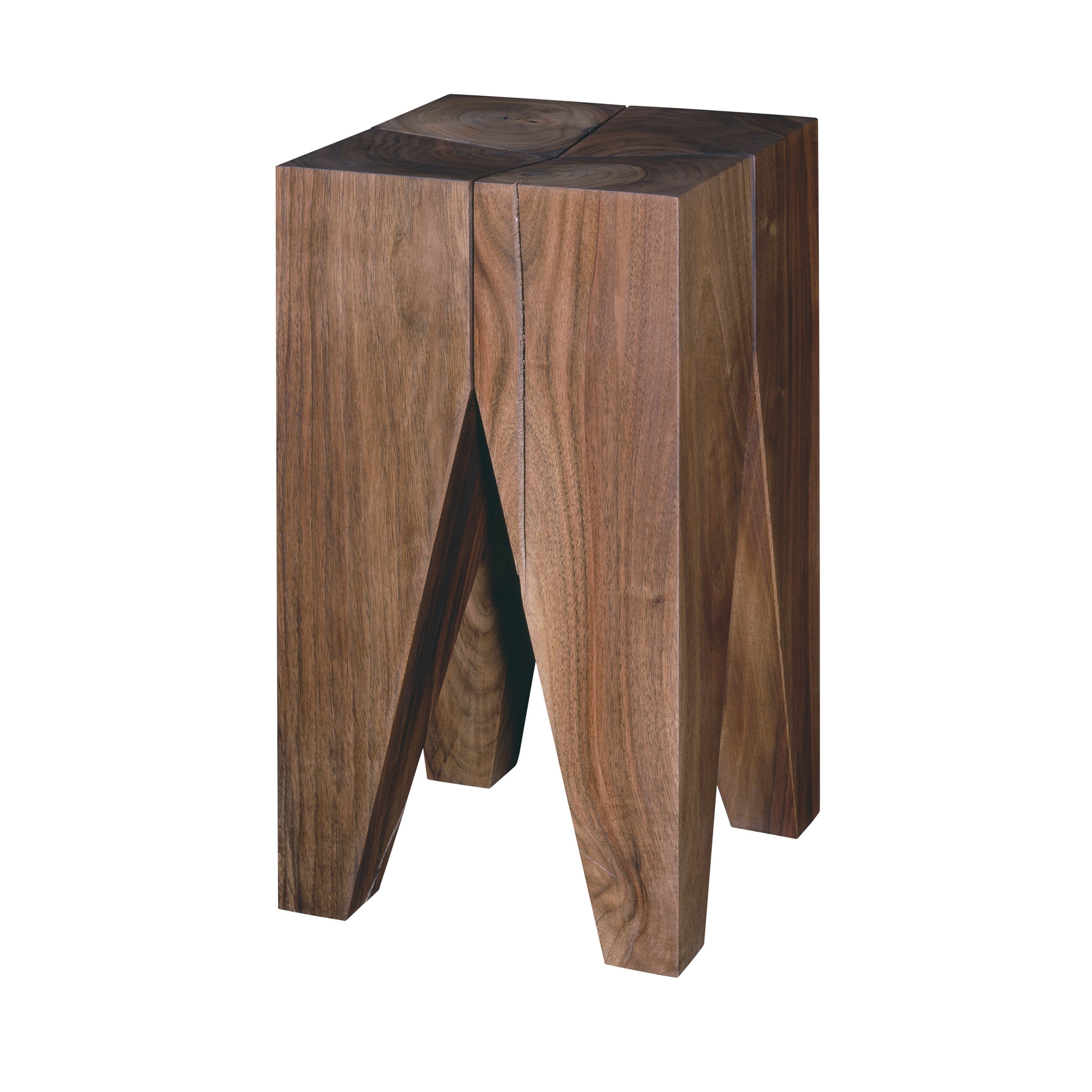 The ST04 BACKENZAHN from E15 is a design classic with a modern, angular look. This side table features inverted V-shaped legs made of rich, dark brown solid wood, offering a sleek and contemporary geometric design.