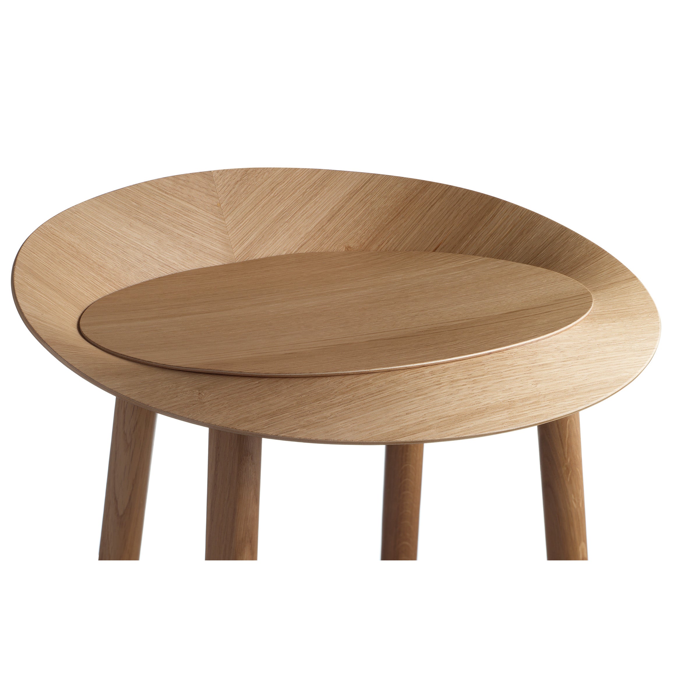 Discover the E15 ST10 JEAN bar stool, showcasing contemporary style with a round oak veneered plywood seat and three angled legs. Its layered seat detail enhances its minimalist design in a light, natural finish.