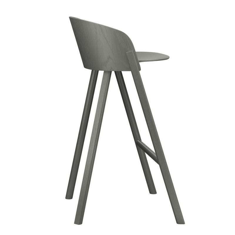 The ST12 OTHER - Sale by E15 is a modern bar stool with a sleek design and gray wood finish. It features four angled legs, a shaped backrest, and a minimalist style. Optional seat upholstery adds elegance. Photographed from the side on a white background.