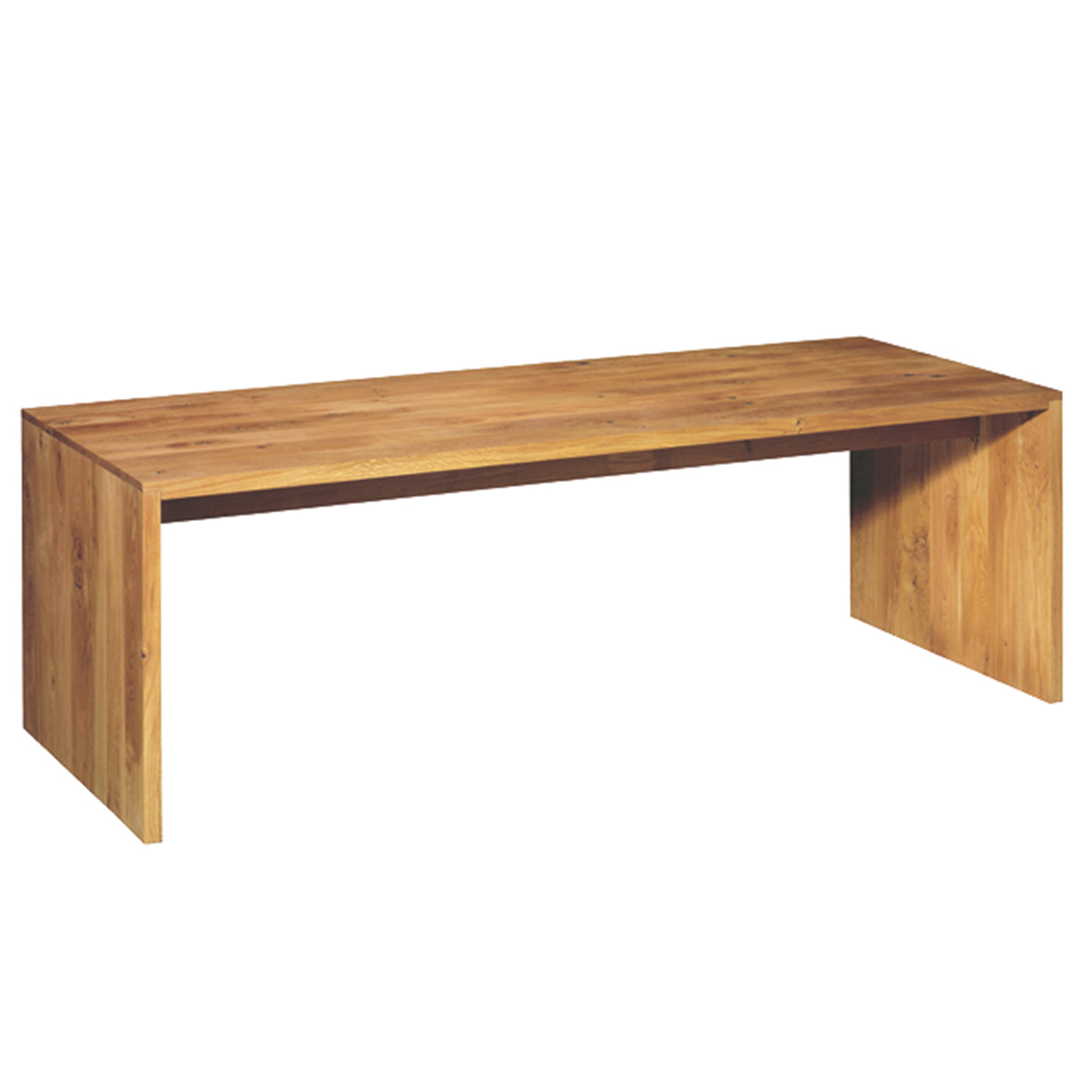 The TA01 PONTE by E15 is a wooden conference table with a minimalist design and natural finish, featuring a rectangular top and two flat side panels for legs, crafted from solid wood boards, embodying simplicity and sturdiness.