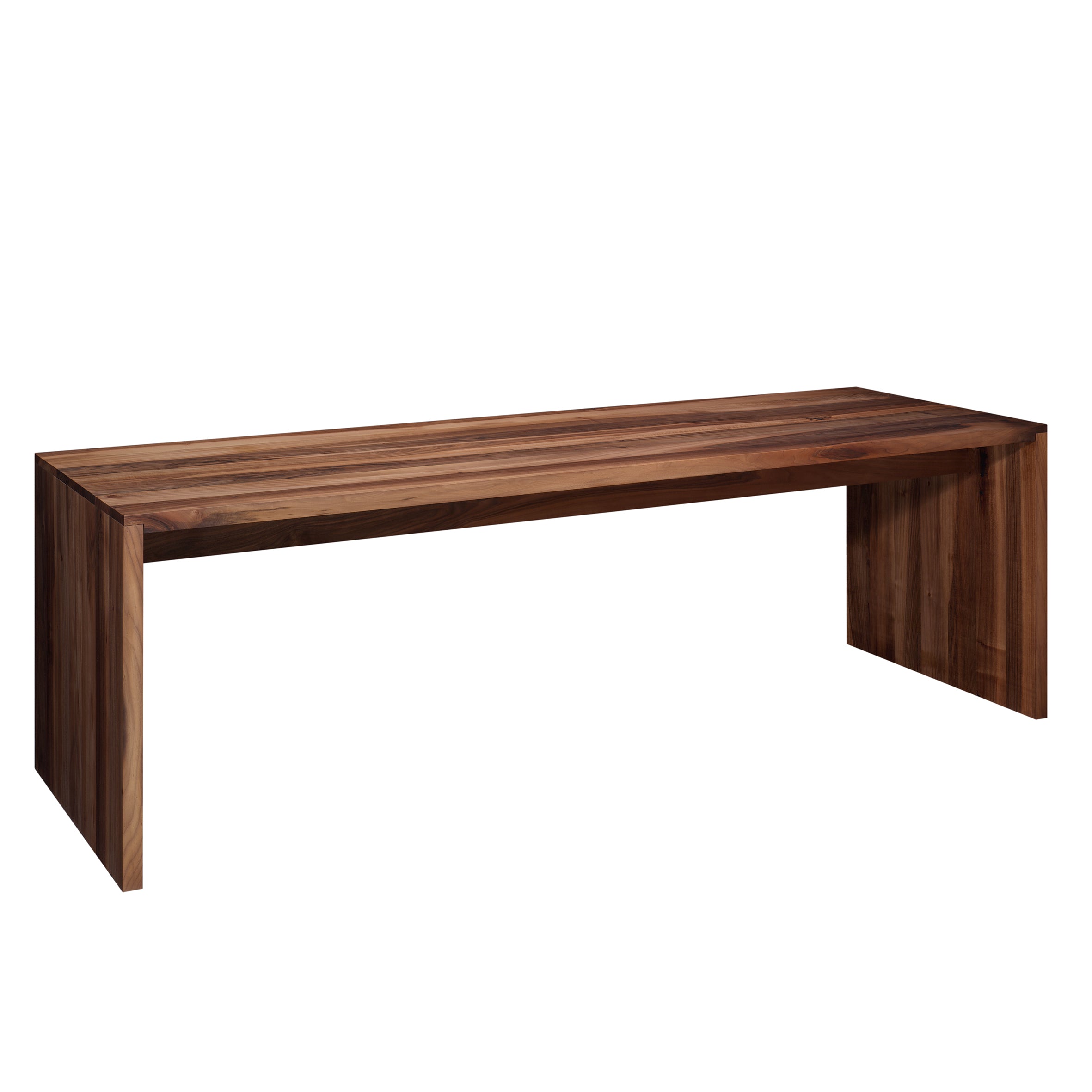 The TA01 PONTE by E15 is a long rectangular bench with a minimalist design. Made of dark-stained solid wood, it features smooth boards and two sturdy rectangular legs at each end.