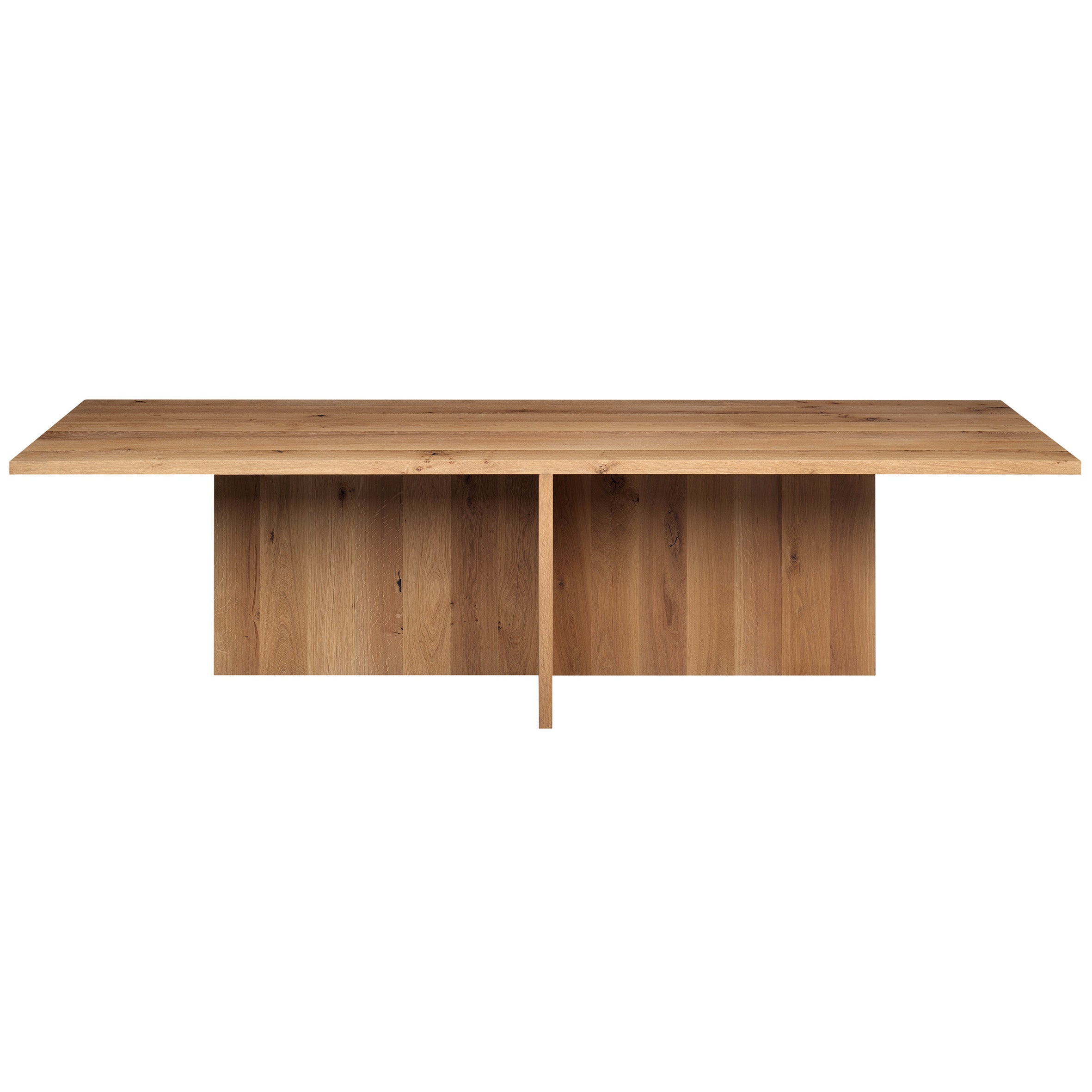 A rectangular European oak table from E15s TA18 ZEHN collection featuring a flat top and dual vertical panel supports. The table highlights the natural grain of solid wood with a minimalist design.