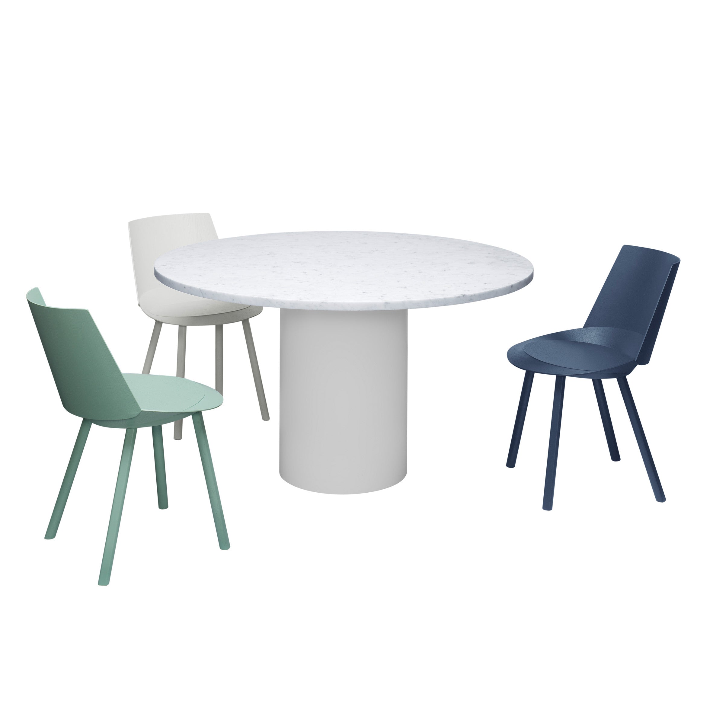 The E15 TA20 HIROKI sculptural round table with a cylindrical base is accompanied by three chairs in light green, off-white, and dark blue, epitomizing modern minimalist furniture design.