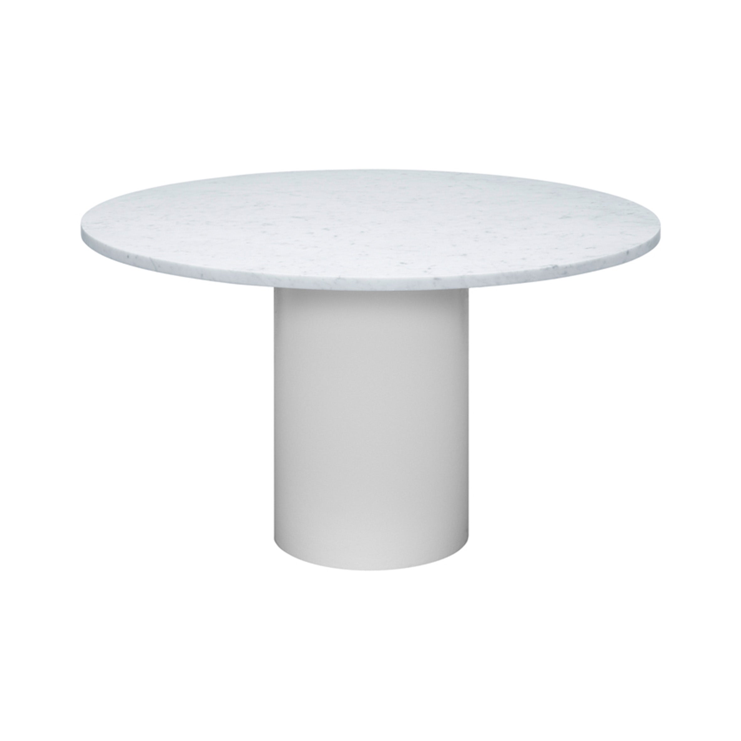 The E15 TA20 HIROKI is a sculptural round table featuring a smooth, white marble top and a simple cylindrical base, showcasing a minimalist modern design. Its versatile for dining or as an accent piece with its plain white background.