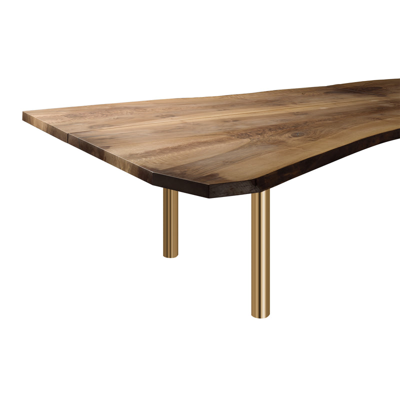 Meet the TRUNK table by E15, a sculptural masterpiece made from European walnut featuring a sleek live edge with two cylindrical gold legs. It combines the woods natural grain patterns with rustic charm and modern minimalism in its design.