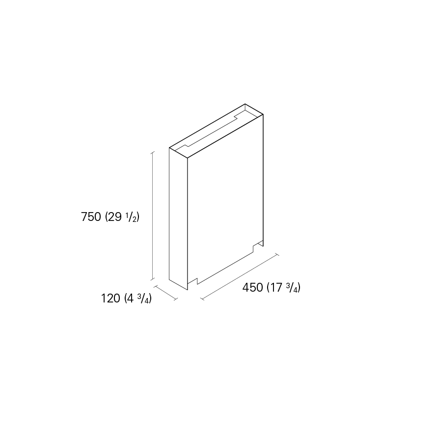 Diagram of a freestanding 3D BUSY wire manager by E15, expertly crafted from powder-coated aluminum. Dimensions: height 750 mm (29 1/2 inches), width 120 mm (4 3/4 inches), depth 450 mm (17 3/4 inches).