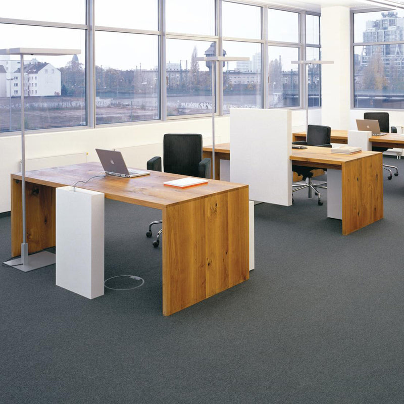 A modern office features wooden desks and black chairs on a gray carpet. One desk holds a laptop, papers, and an E15 BUSY wire manager. Large windows with powder-coated aluminum frames showcase cityscape views, buildings, and trees. The freestanding space is filled with bright natural lighting.