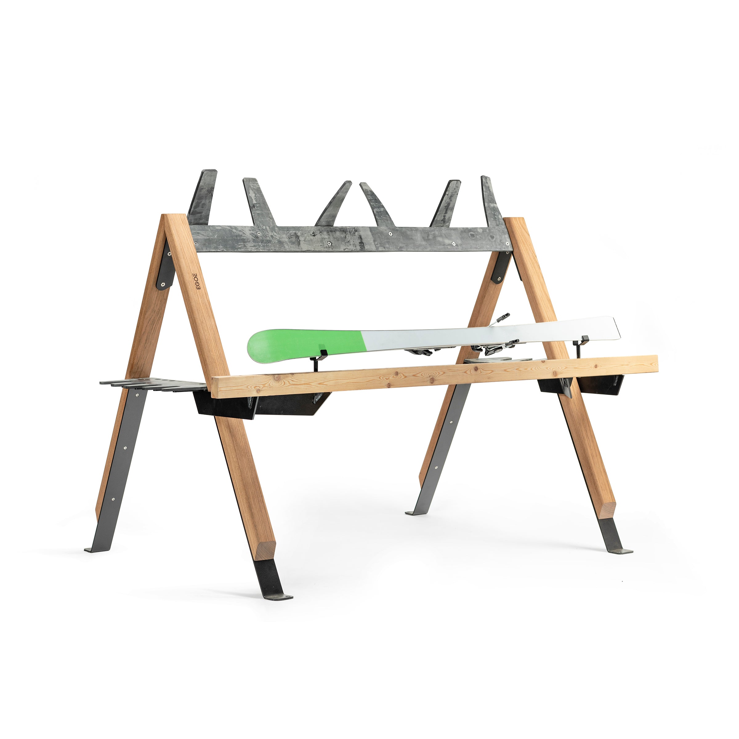 The Cabra Ski and Bike Rack by Egoe is a modern, minimalist wooden and metal outdoor rack set against a white background. It features multiple slots for skis, showcasing a single green and white ski, designed to protect your equipment.