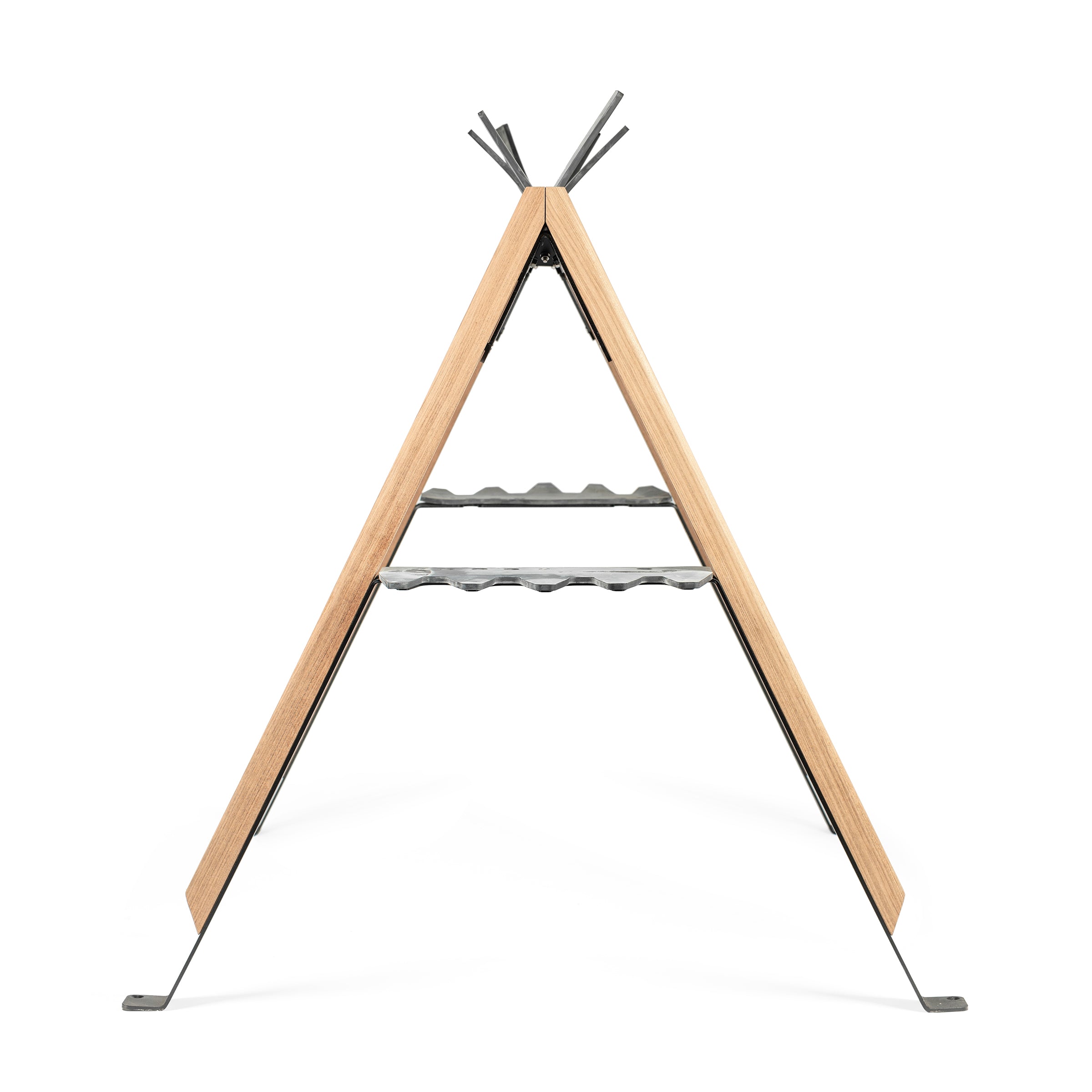 The Cabra Ski and Bike Rack by Egoe features a wooden frame with metal shelves in a triangular, tepee-like design, perfect for storing wine bottles. It has two shelves at different heights, combining style with functionality.
