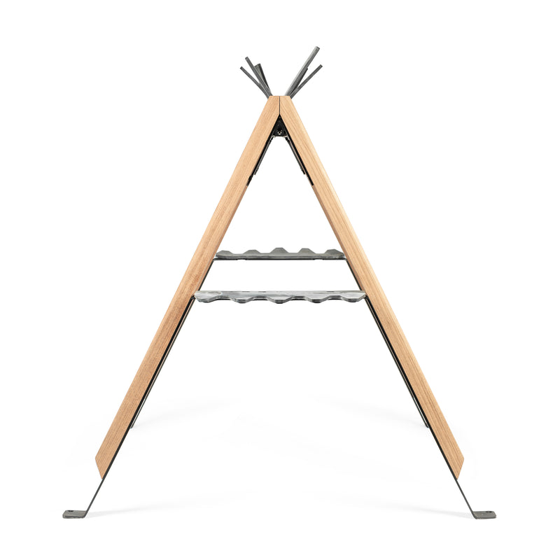 The Cabra Ski and Bike Rack by Egoe features a wooden frame with metal shelves in a triangular, tepee-like design, perfect for storing wine bottles. It has two shelves at different heights, combining style with functionality.
