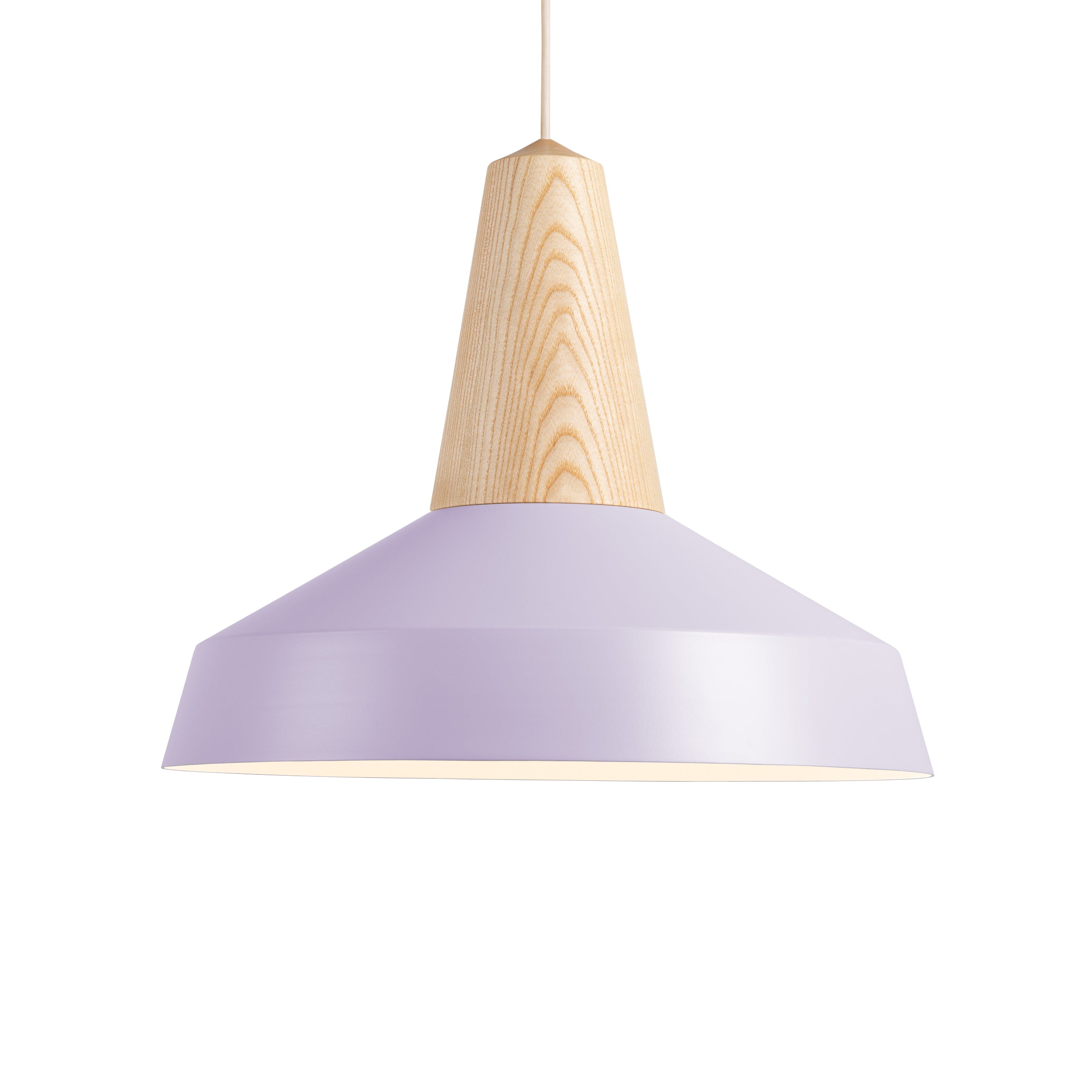 The Schneid Eikon Circus Lavender pendant lamp features a conical wooden top and wide light lavender shade, fusing natural wood with modern design. Suspended by a cord, it emits soft light beneath, offering an industrial yet stylish aesthetic.