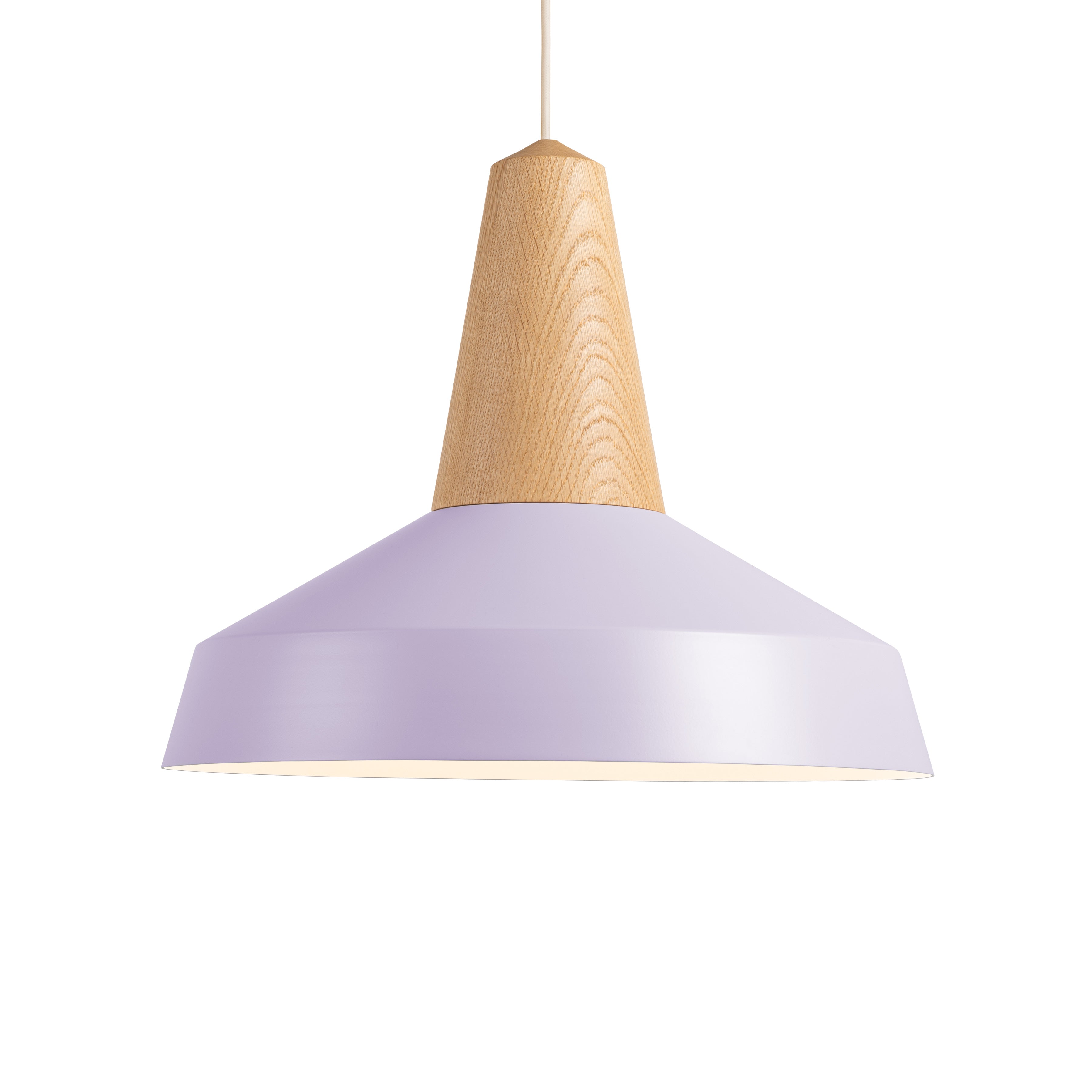 Introducing the Schneid Eikon Circus Lavender pendant light, a modern masterpiece with a wooden conical top and wide pale lavender metal shade, elegantly suspended from a thin white cord against a plain white background—perfect for an industrial touch.