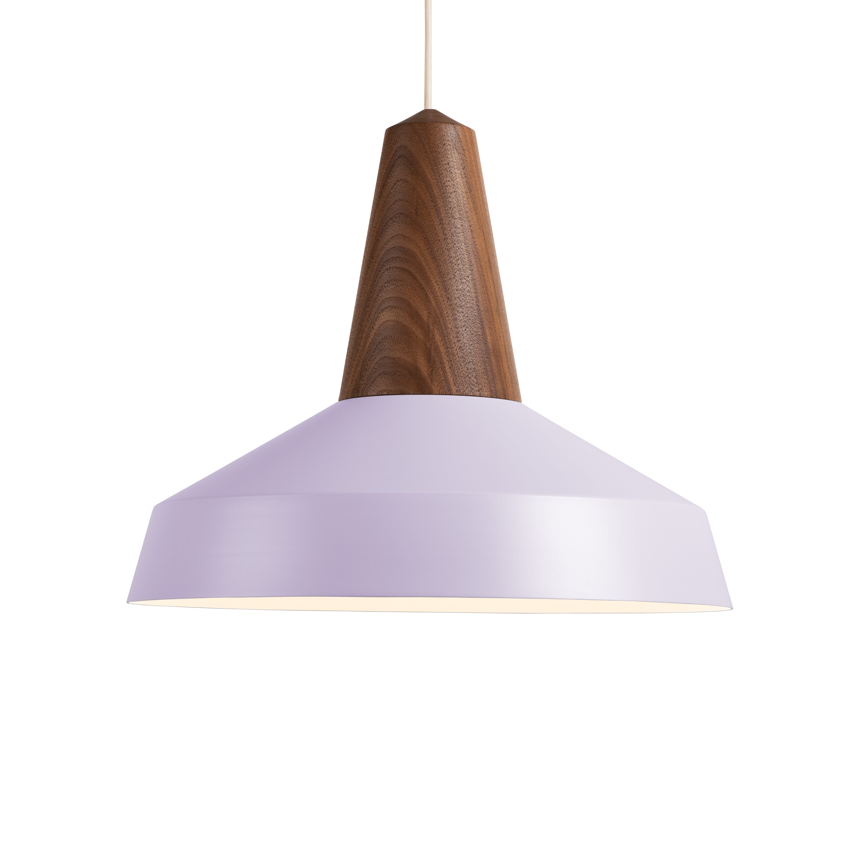 The Schneid Eikon Circus Lavender pendant light boasts a conical wooden top with a white shade, elegantly suspended from its cord. This modern lighting piece emits a soft downward glow, combining minimalist style with an industrial touch.