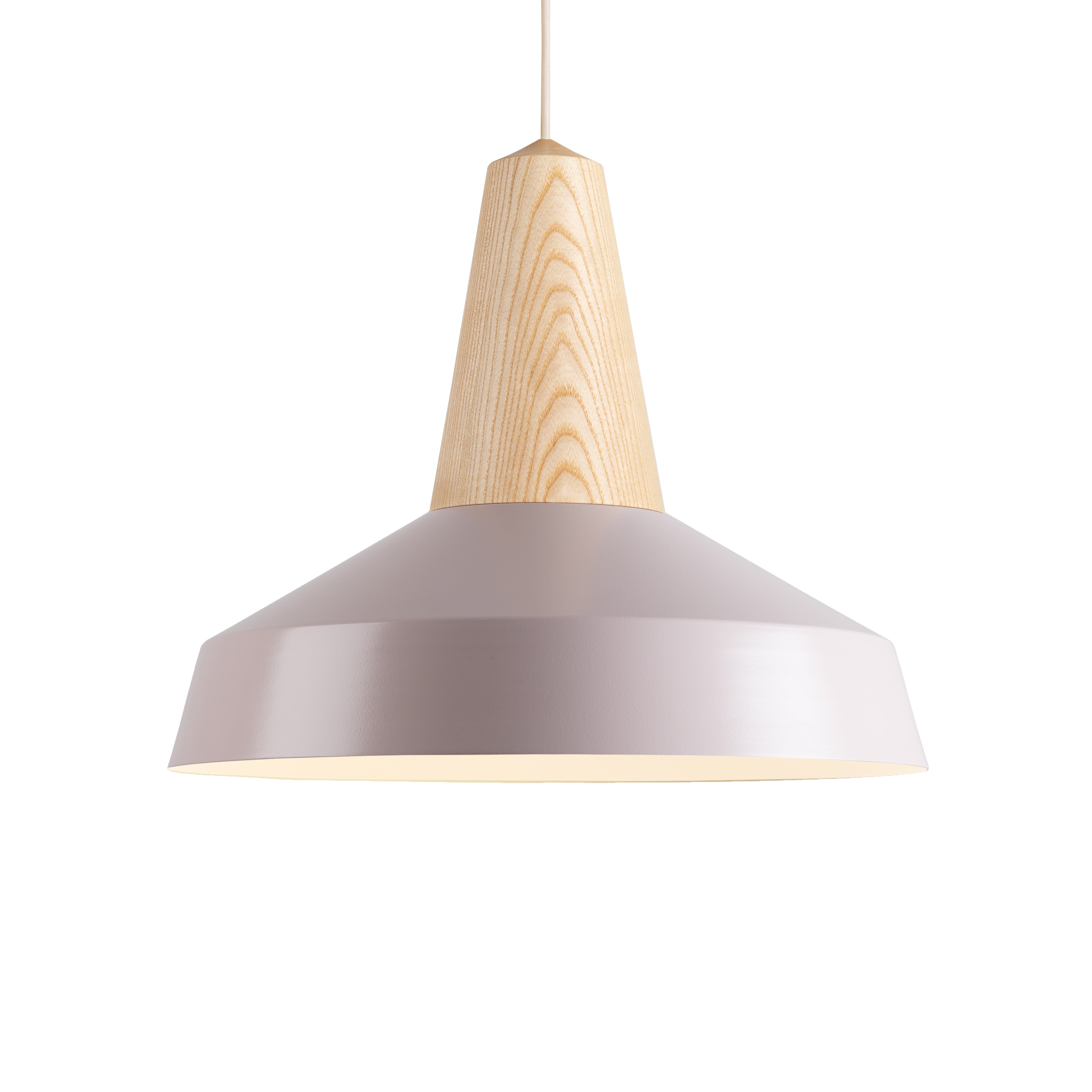 The Schneid Eikon Circus Pale Rose showcases contemporary style with an industrial aesthetic, featuring a minimalist design, conical wooden top, wide gray metal shade, and is elegantly suspended by a cord against a white backdrop.