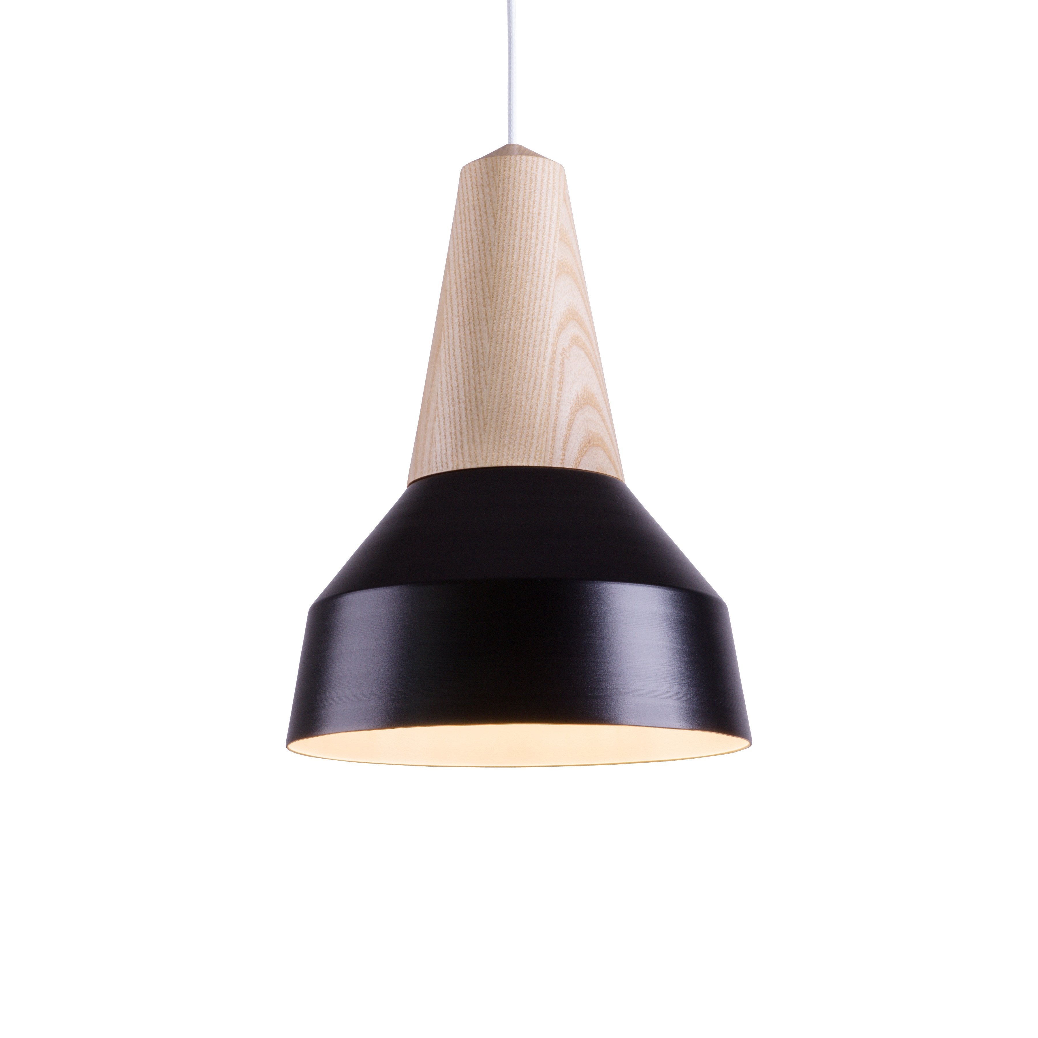 The Eikon Basic Black by Schneid features a modern pendant design with a conical certified wood top and wide black metal shade, elegantly suspended from a white cord, offering both style and sustainability.