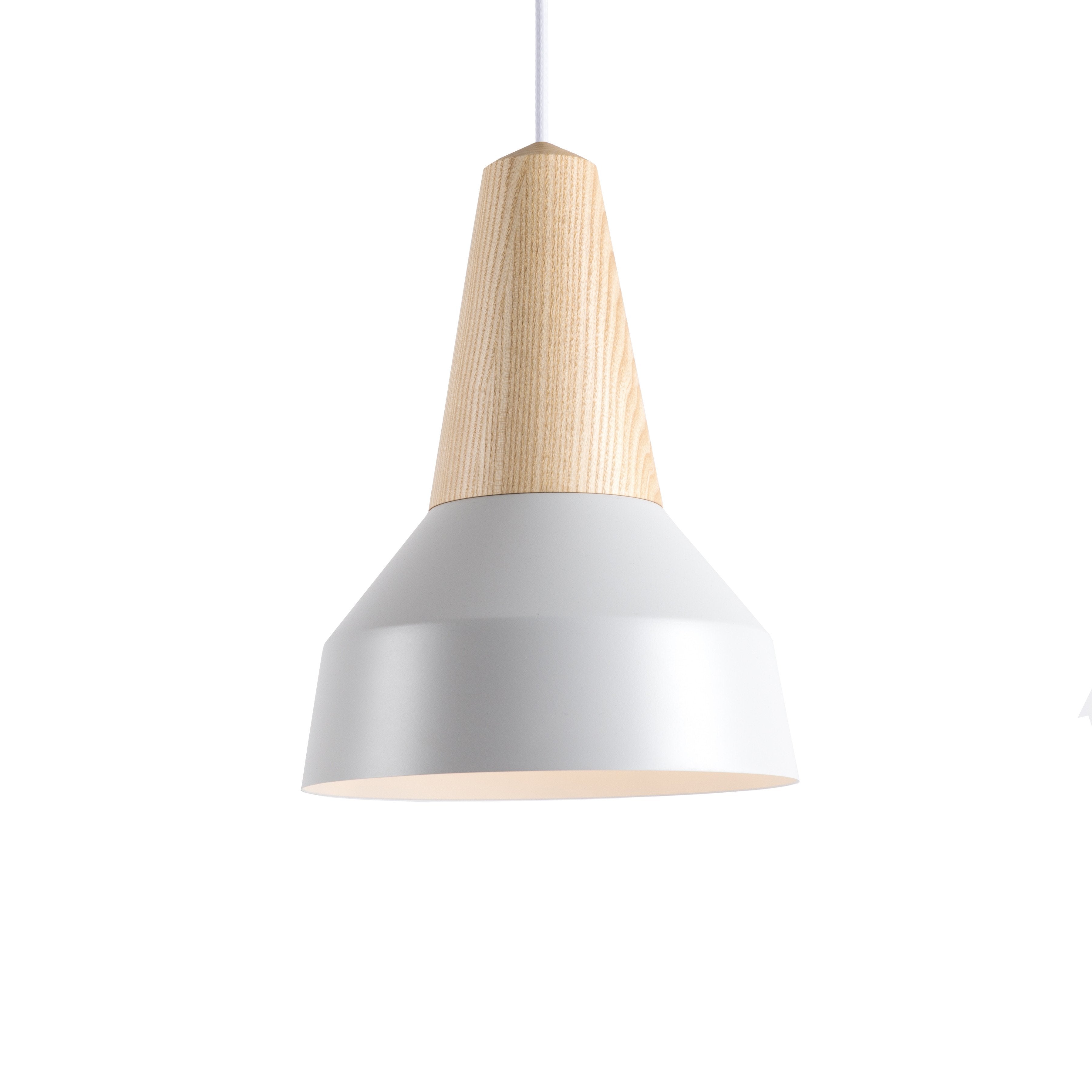 The Eikon Basic Nacre Gray by Schneid is a minimalist lamp featuring a wooden cone upper made from certified wood and a smooth white metal shade, hanging elegantly from a sleek white cord.