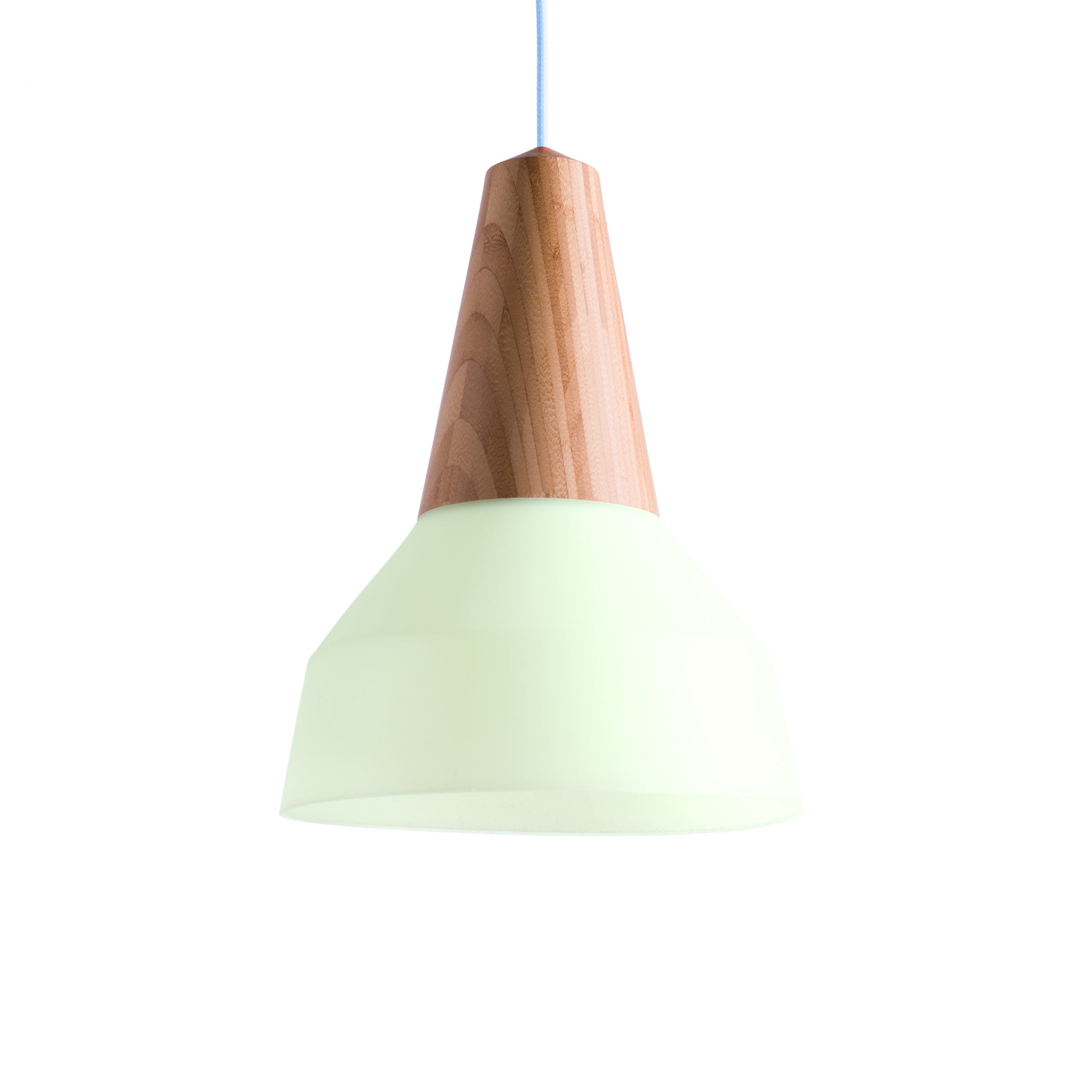 Introducing Schneids Eikon Bubble Mint: a modern pendant with a certified wood top and matte white shade, hanging elegantly from a light blue cord. Its design features a smooth transition from wood to geometric shape, enhanced by an innovative magnetic connecting system for effortless style.