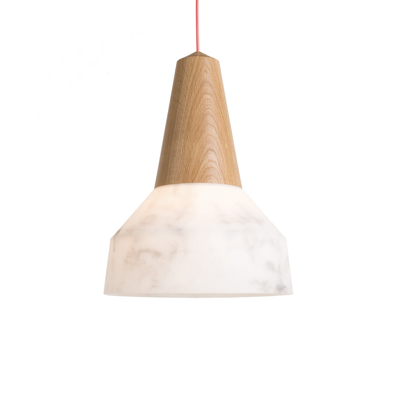 The Schneid Eikon Bubble Marble - Sale is a modern pendant light with a minimalist design, featuring a wooden conical top made from certified wood and a marbled white lampshade, hanging elegantly from a red cord.