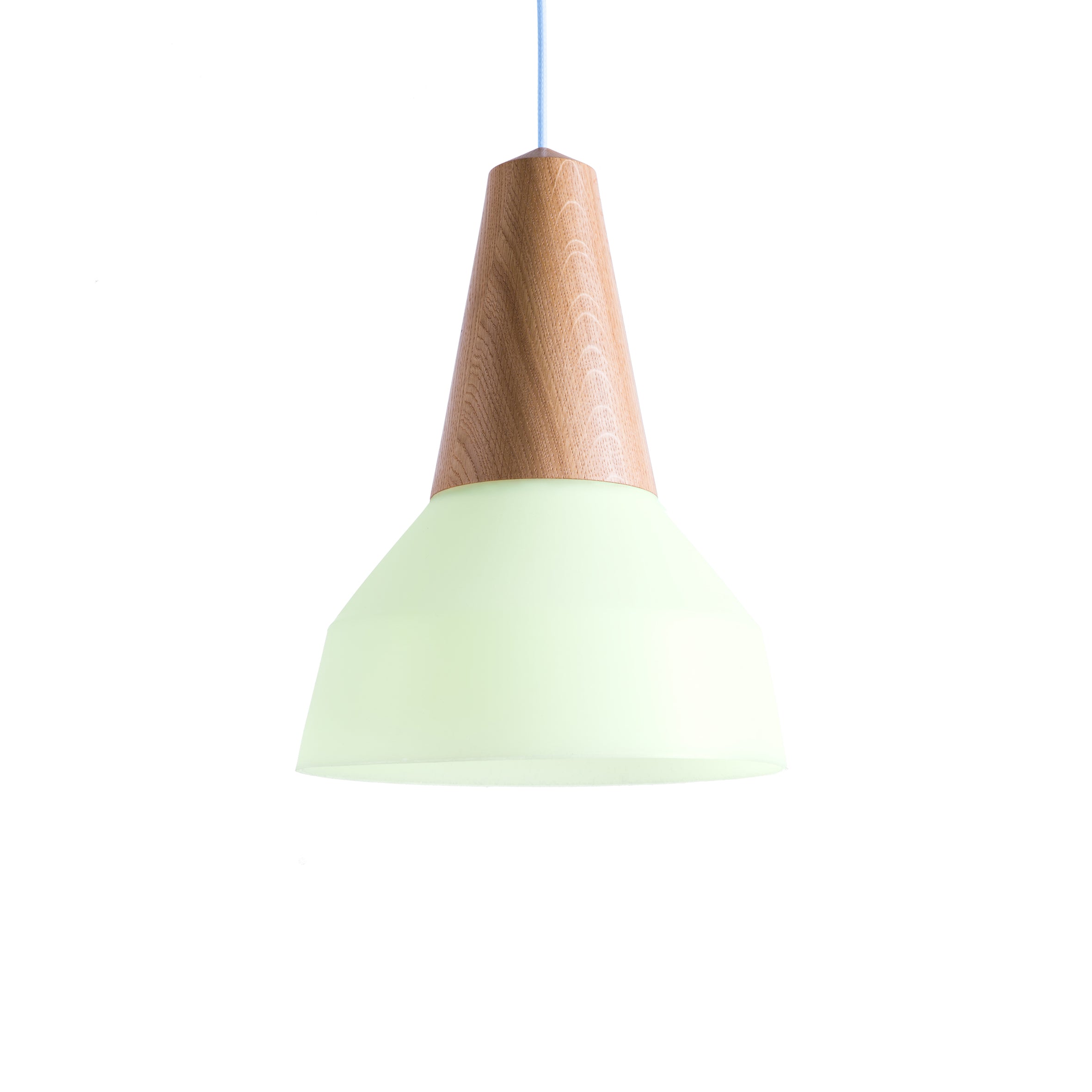 The Eikon Bubble Mint by Schneid showcases a pendant light with a conical top from certified wood, paired with a frosted white geometric glass shade, all beautifully suspended by a blue cord against a plain white background.