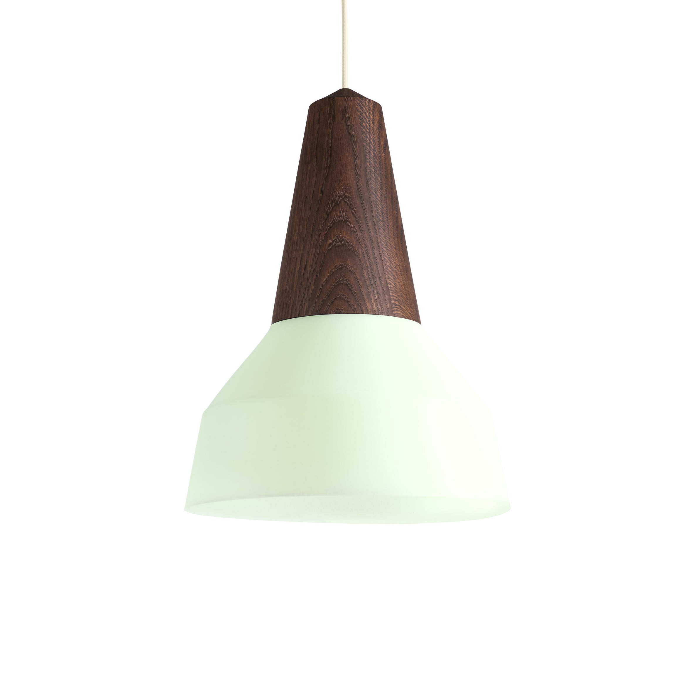 The Eikon Bubble Mint by Schneid is a modern pendant light with a wooden top and white conical glass shade, blending certified wood and minimalist style for a contemporary look complementary to diverse décors. Now on sale!.