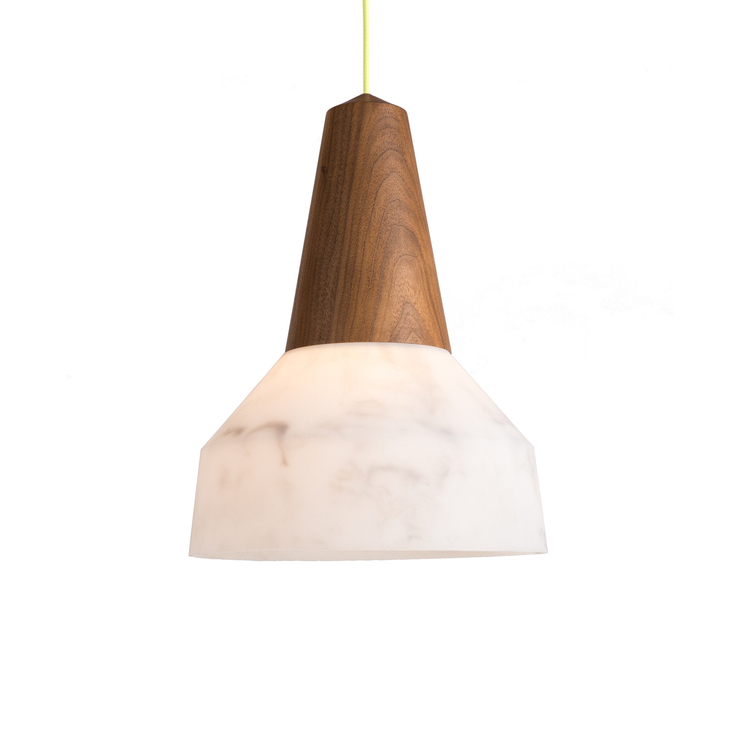 The Eikon Bubble Marble - Sale by Schneid is a pendant light with a minimalist design, featuring a certified wood upper section and marbled white lower section, hung from a green cord against a plain white background.
