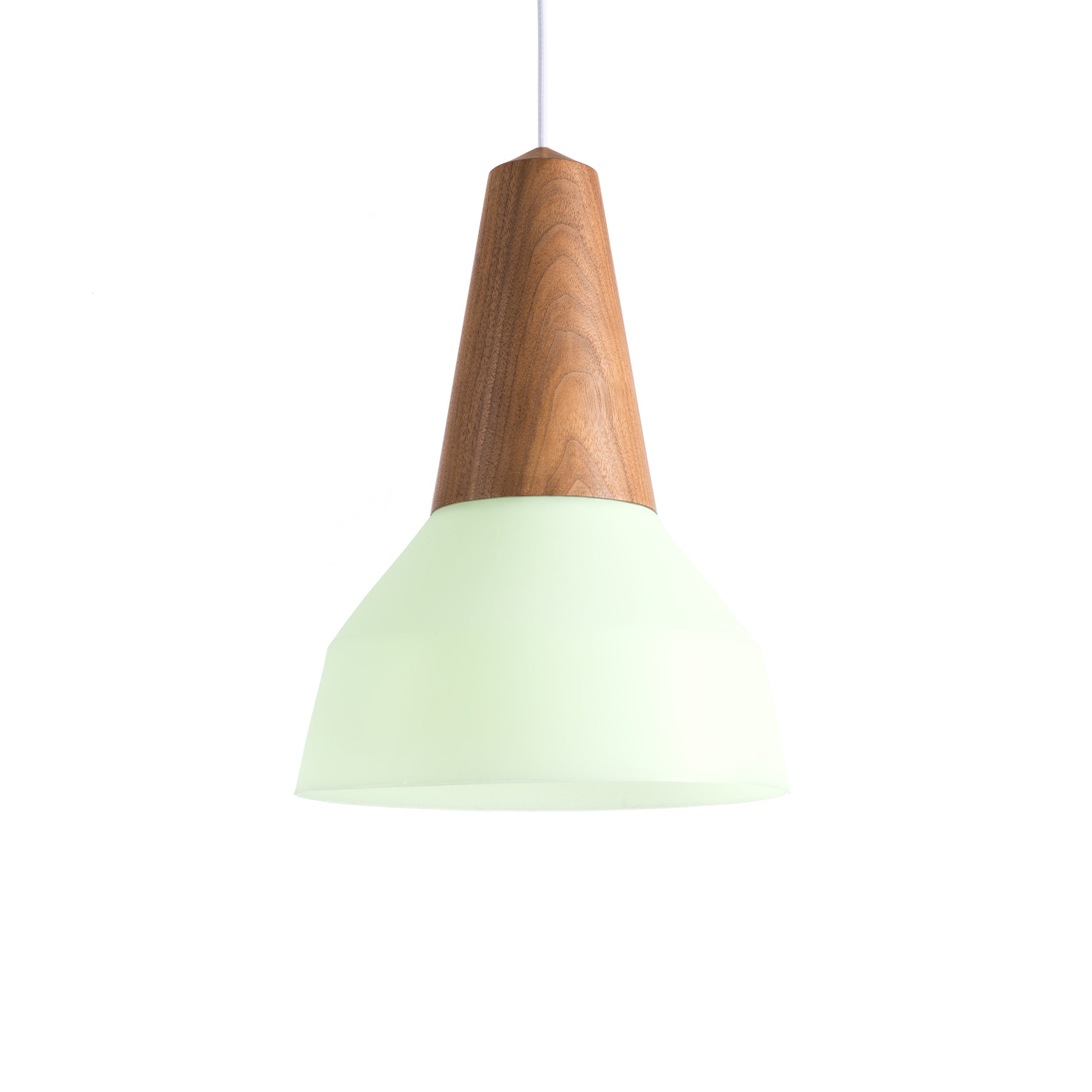 The Schneid Eikon Bubble Mint - Sale lamp has a certified wood top and frosted glass shade, elegantly suspended by a cord against a white background.