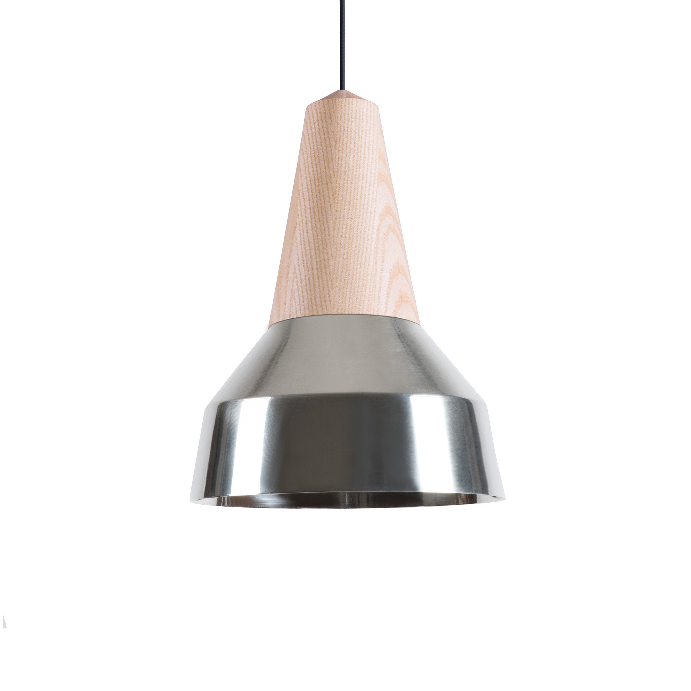 Introducing the Schneid Eikon Ray Chrome - Sale, a modern pendant light with a sleek contemporary design. It features a brushed metal shade and light wood upper section, complemented by a thin black cord. Its conical shape is elevated by a subtle golden surface, enhancing any spaces elegance.