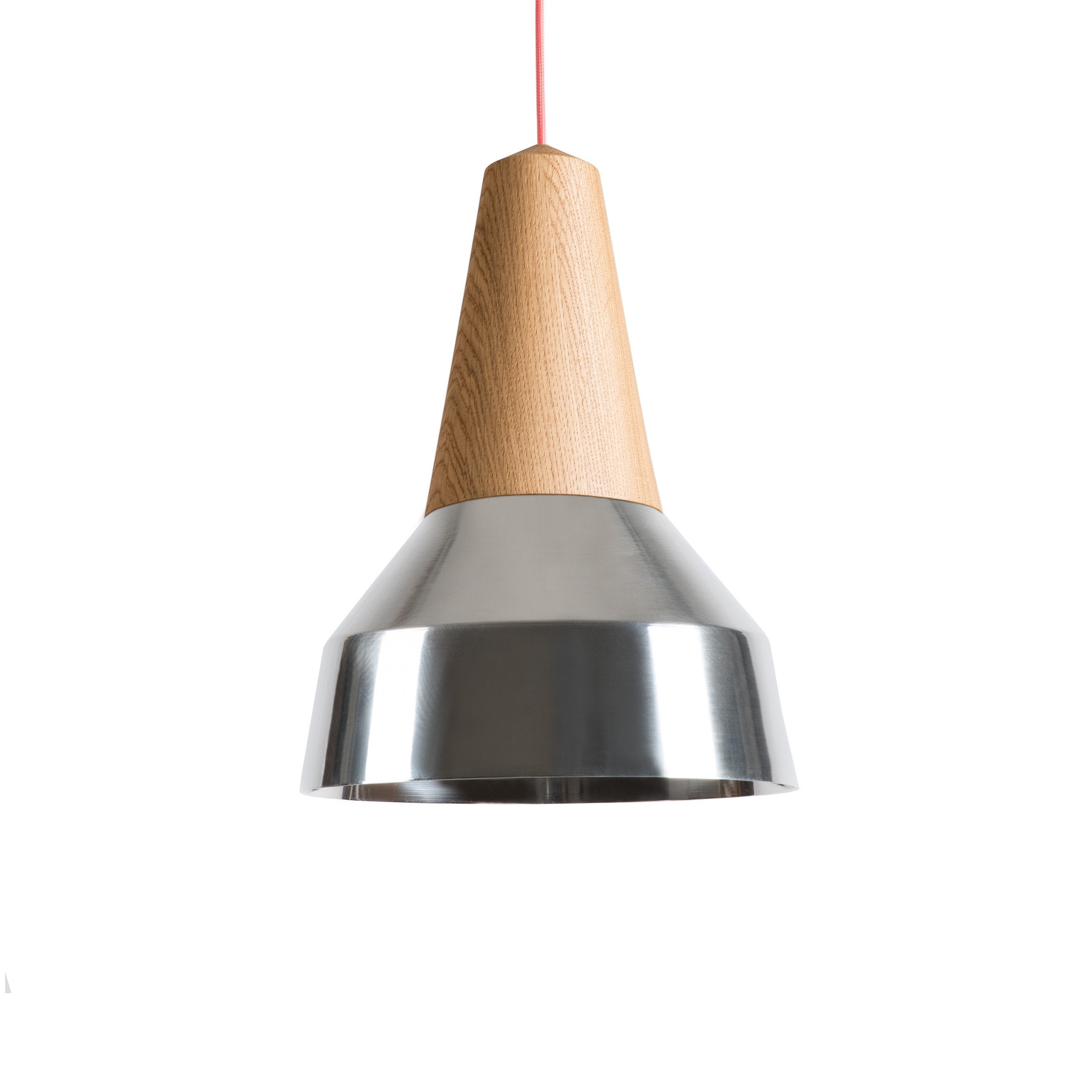 The Eikon Ray Chrome - Sale by Schneid combines contemporary style with its sleek design; a light wood top tapers into a reflective metal cone, contrasting beautifully with the vibrant red cord to highlight modern elegance.