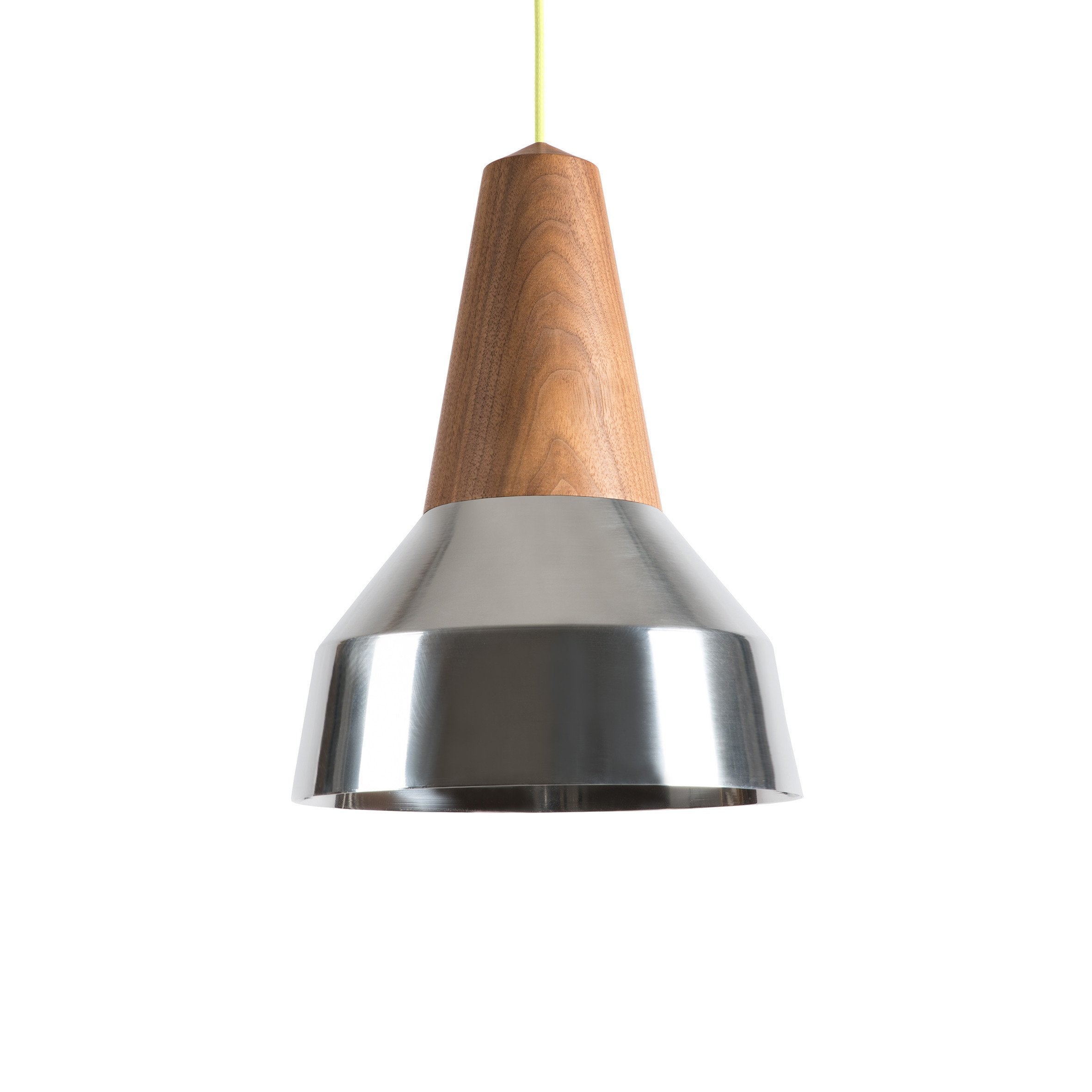 Discover the Eikon Ray Chrome - Sale by Schneid, featuring a wooden conical top and golden surface for a contemporary touch. This modern pendant lights sleek, minimalist design elegantly hangs from a thin cord, perfectly merging functionality with style.