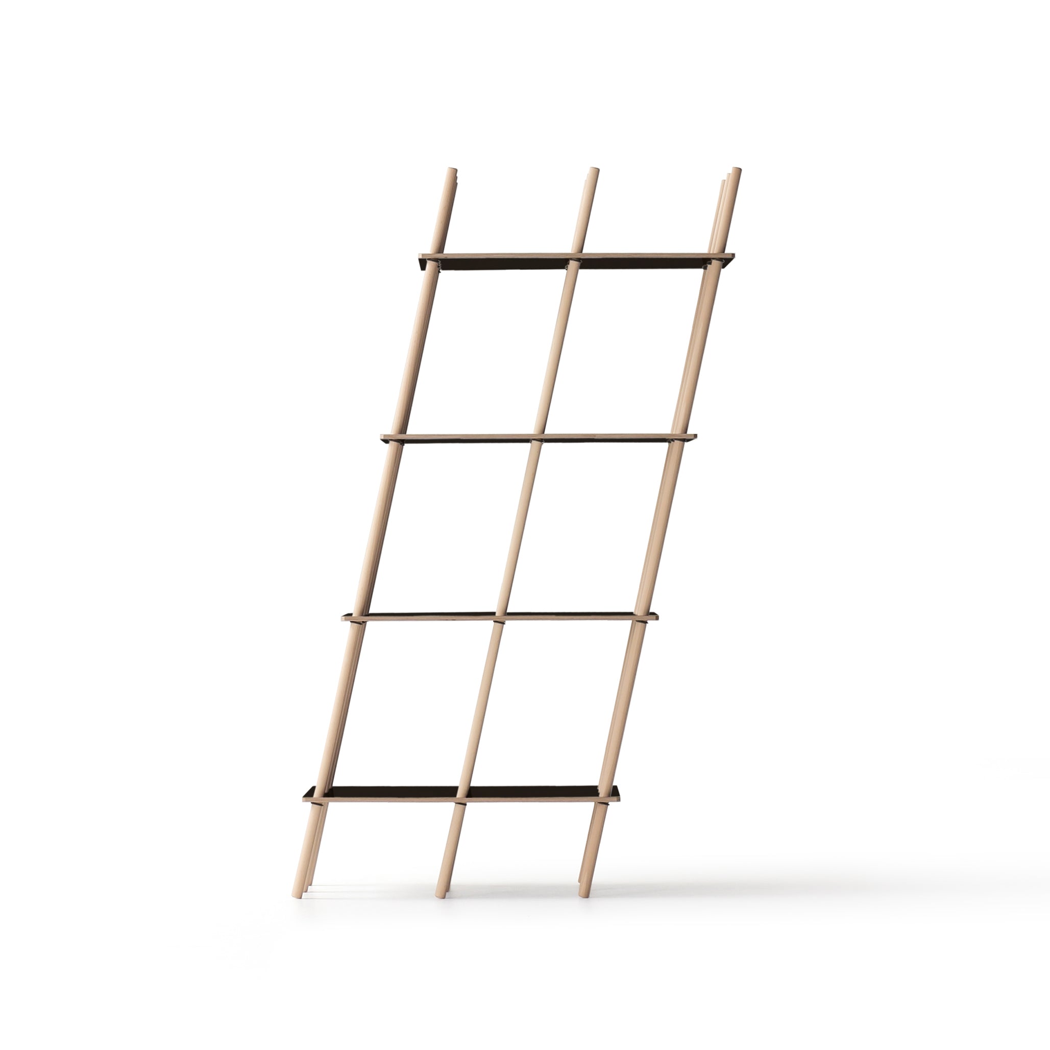 The Es by Moormann is a minimalist wooden ladder with a slight lean, designed by Nils Holger Moormann, featuring five rungs connected to two vertical poles, set against a plain white background.