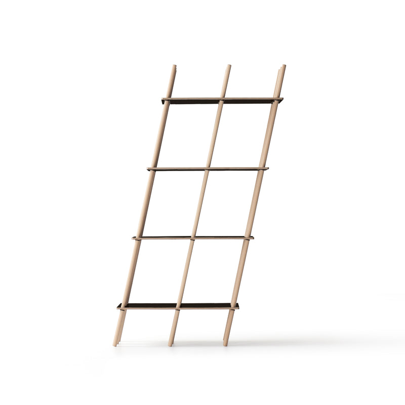 The Es by Moormann is a minimalist wooden ladder with a slight lean, designed by Nils Holger Moormann, featuring five rungs connected to two vertical poles, set against a plain white background.