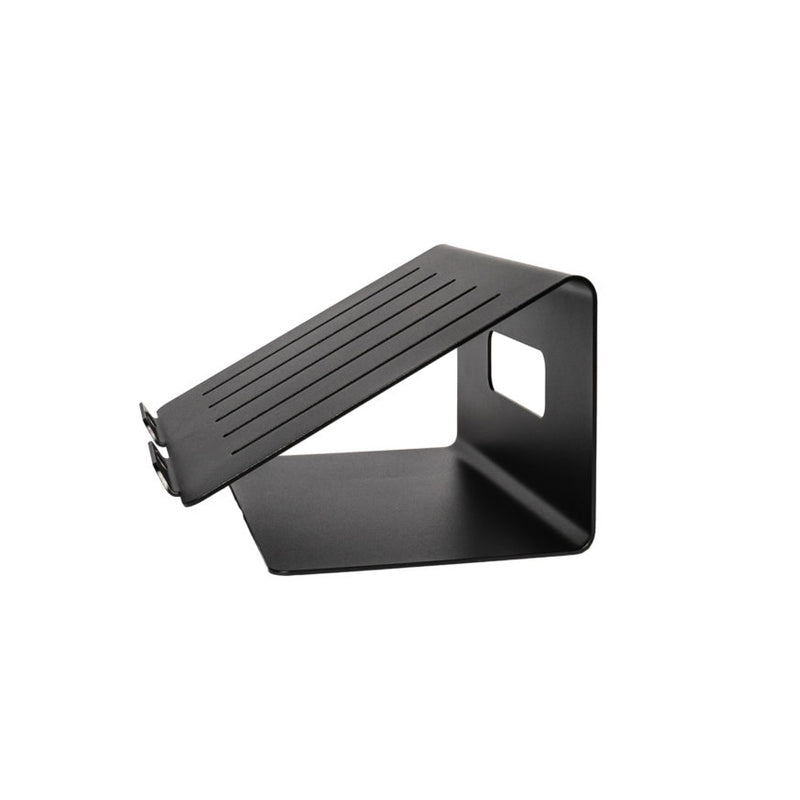 The Echtstahl Laptop Stand, made of premium steel, boasts a black matte finish and sleek minimalist design. It offers an ergonomic viewing angle with a sloped platform, ventilation grooves, and an open rectangular side cutout.