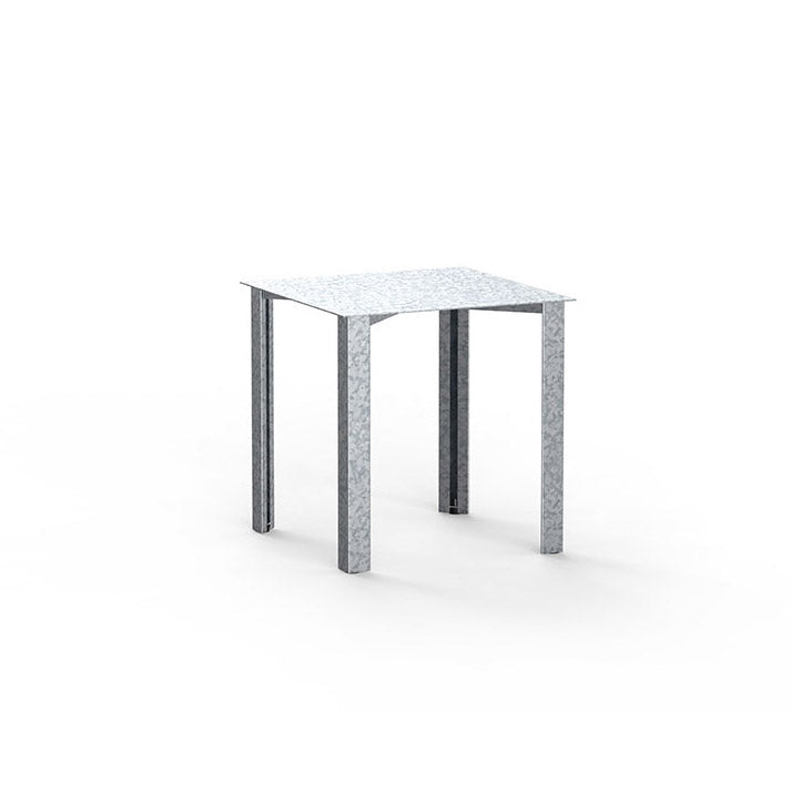 The Echtstahl PILON Table is a minimalist, square metal dining table with a speckled pattern and sheet steel construction. It features height-adjustable feet on four sturdy legs and a flat tabletop, highlighted by the plain white background that enhances its simple elegance.