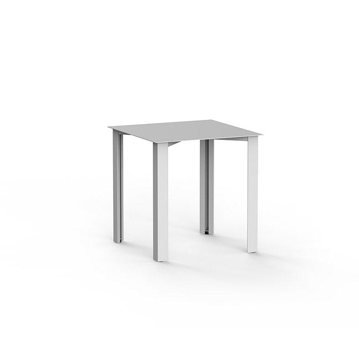 The PILON Table by Echtstahl is a minimalist, square dining table crafted from sheet steel with height-adjustable feet, set against a plain white background.