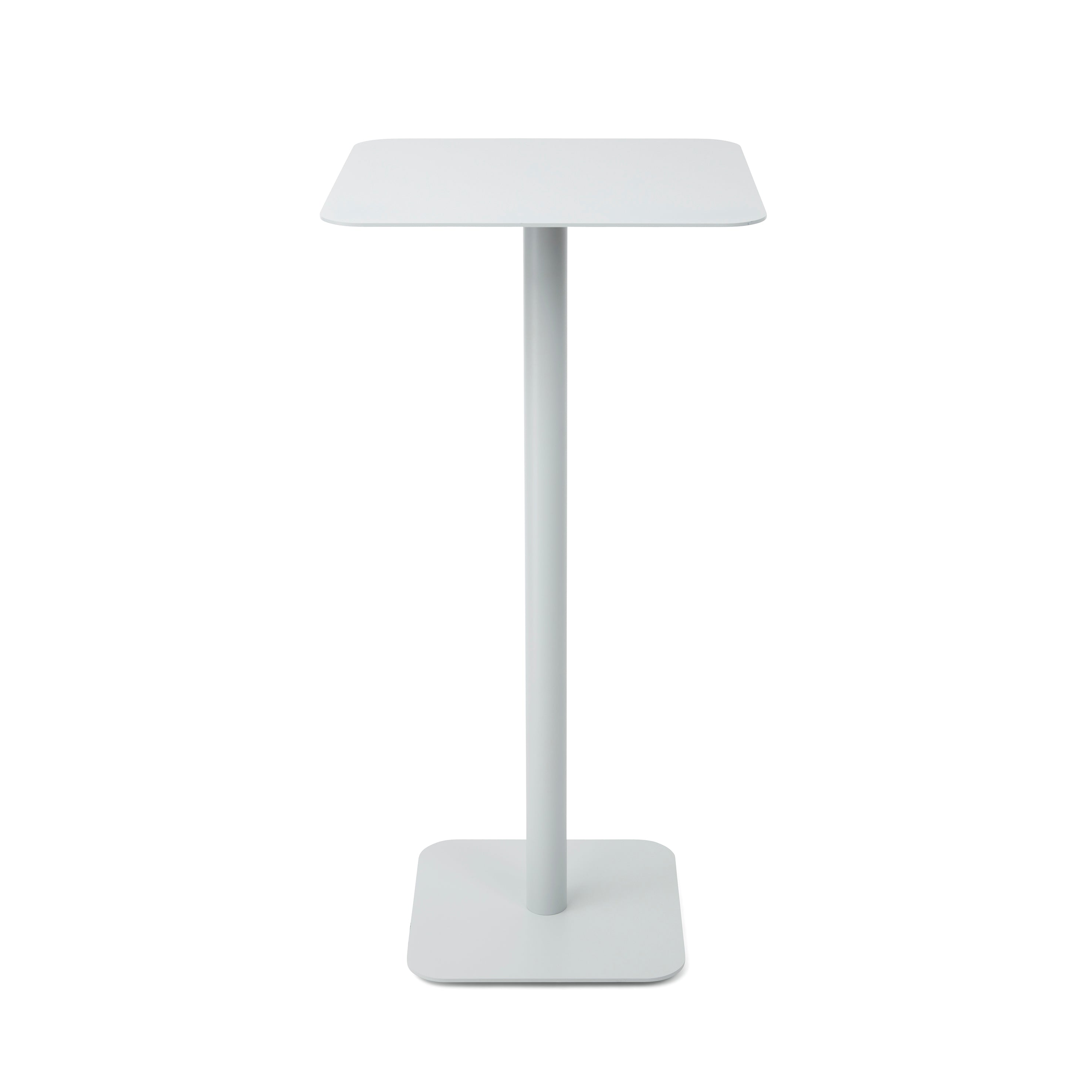 Explore the Echtstahl Bar Table 123, a minimalist white pedestal table with a slender central support and square base made from powder-coated steel. Its smooth surface and clean lines epitomize modern aesthetics.