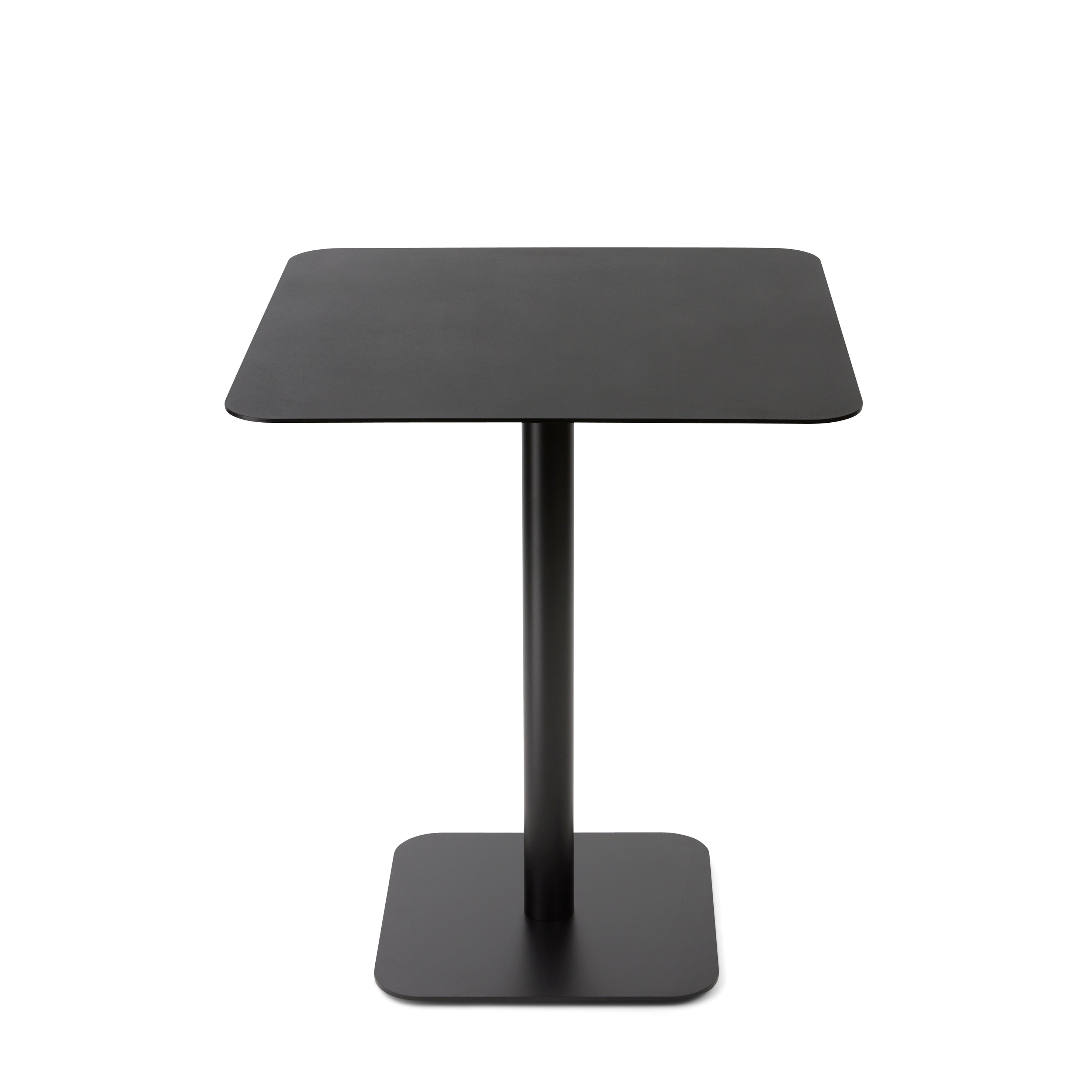 Part of the Bistro Table 123 series by Echtstahl, this sleek, modern black square table features a powder-coated steel top and a central pedestal base with a square platform. Designed by Thomas Schnur, it offers smooth rounded edges against a plain white background.
