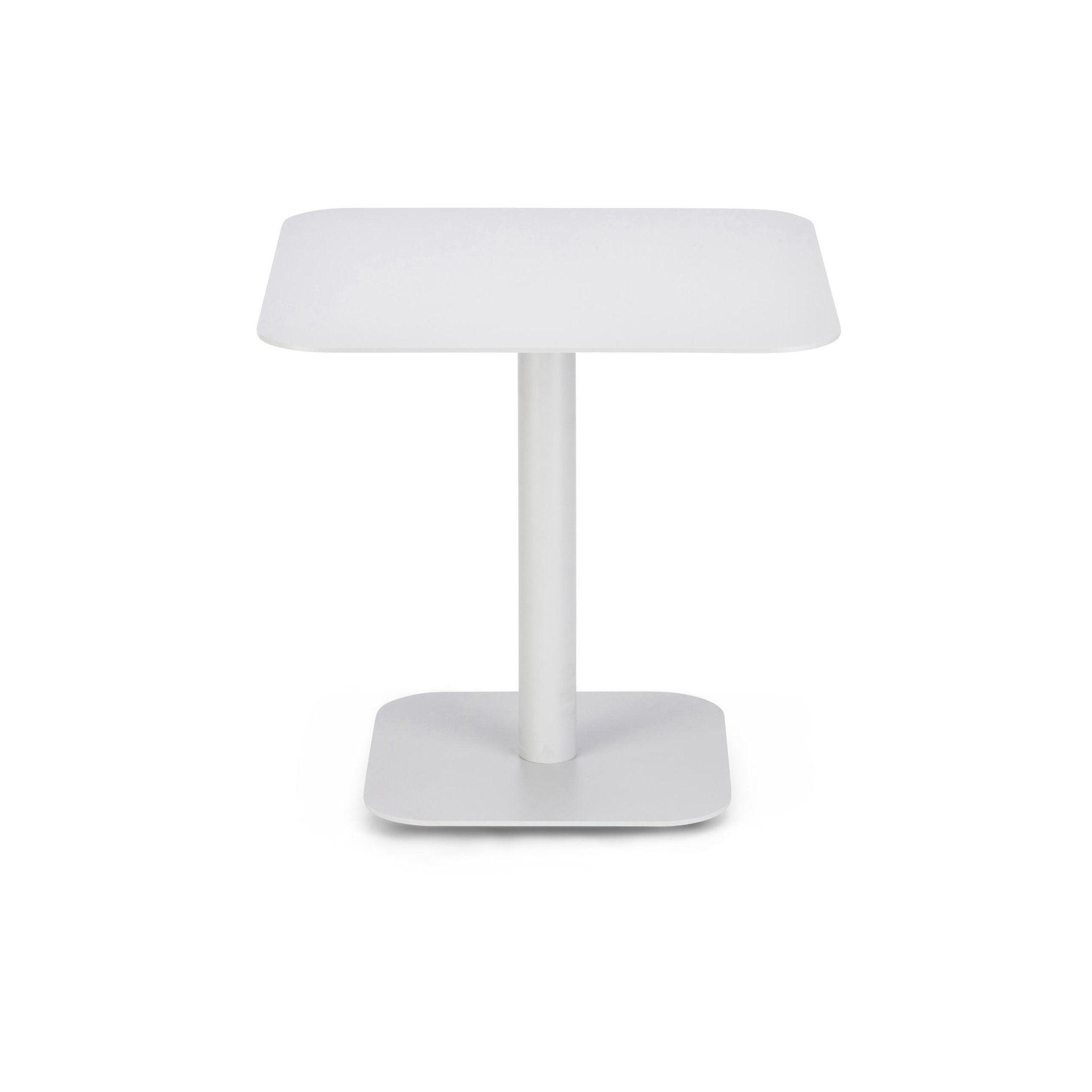 A modern, minimalist white table lamp with a flat, wide base and rectangular curved lampshade crafted from powder-coated steel. Its sleek design features a central stem linking the base to the shade, perfectly complementing Echtstahls Side Table 123 series.