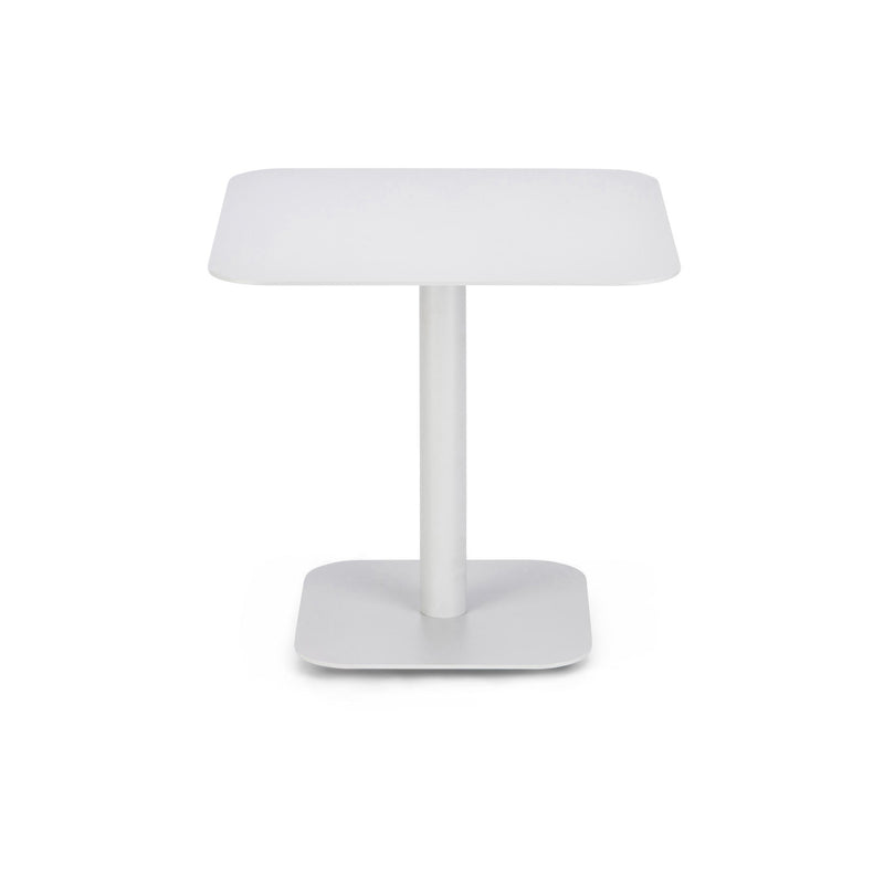 A modern, minimalist white table lamp with a flat, wide base and rectangular curved lampshade crafted from powder-coated steel. Its sleek design features a central stem linking the base to the shade, perfectly complementing Echtstahls Side Table 123 series.