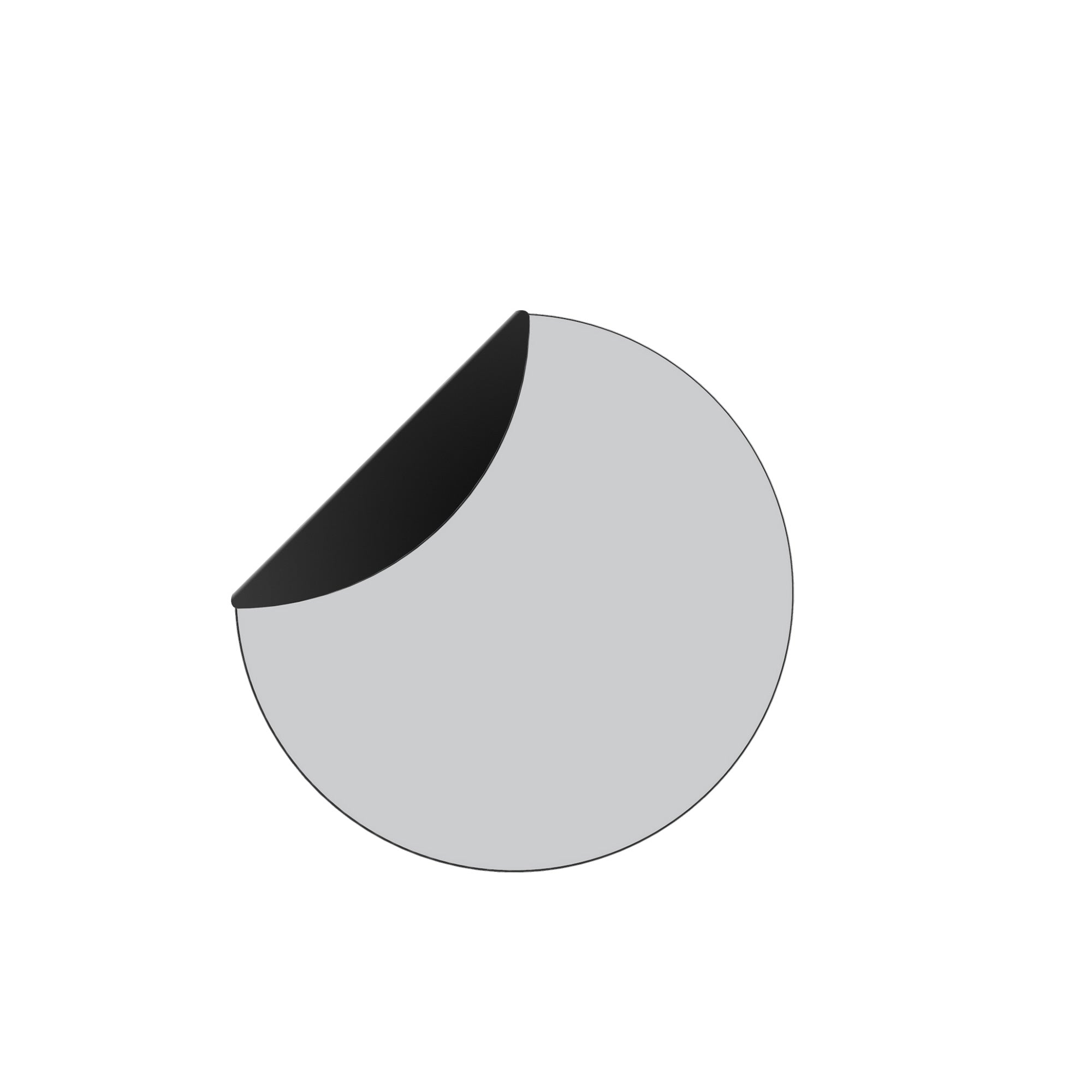 The FLAP Mirror by Echtstahl features a gray circle with a black curved segment in the upper left corner, resembling a peeling sticker, against a white background. This artistic design serves as both a magnetic board and unique home accessory.