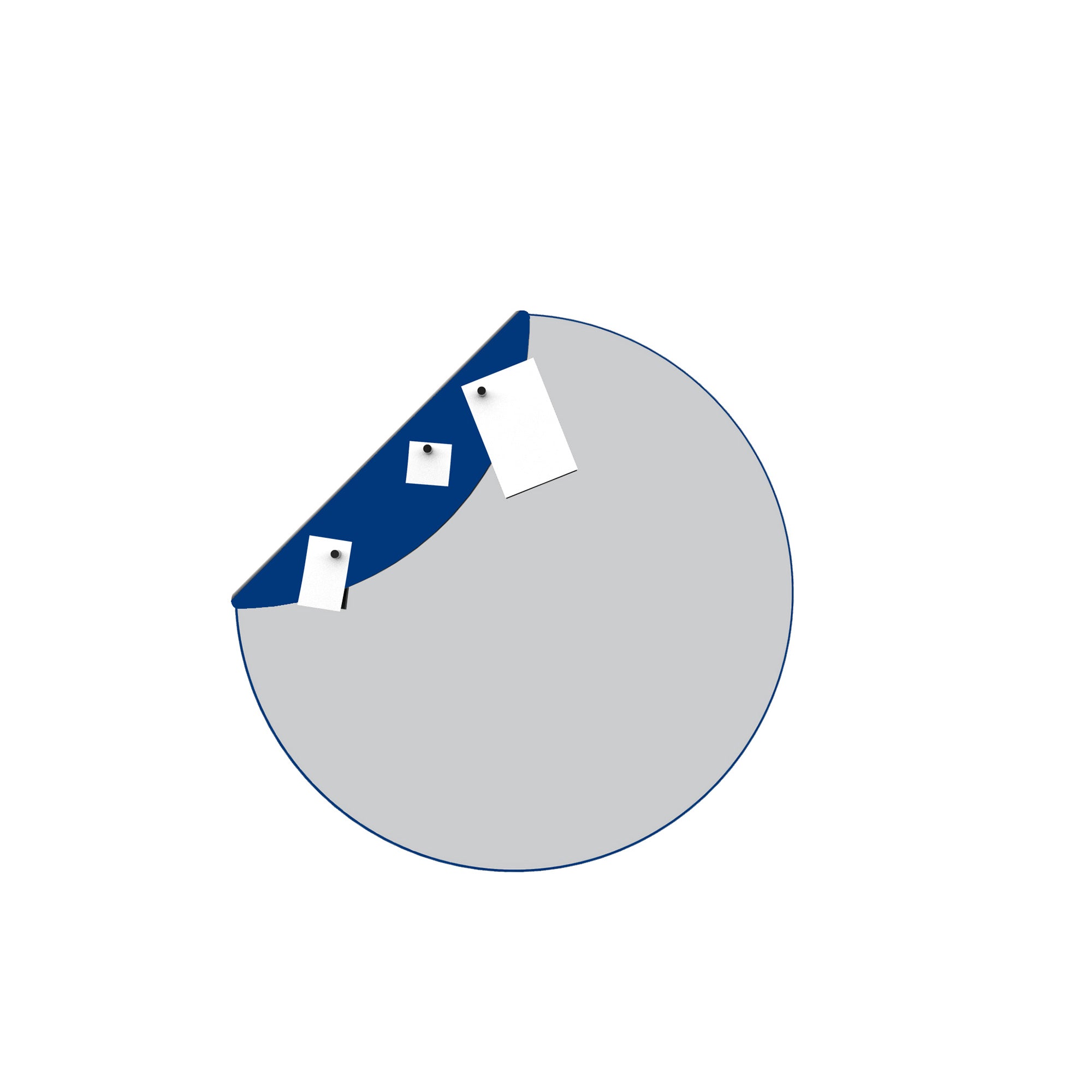 The FLAP Mirror by Echtstahl is a circular design featuring a blue fold in the top left corner, revealing three rectangular papers pinned underneath. This stylish home accessory stands out against its plain white surroundings.