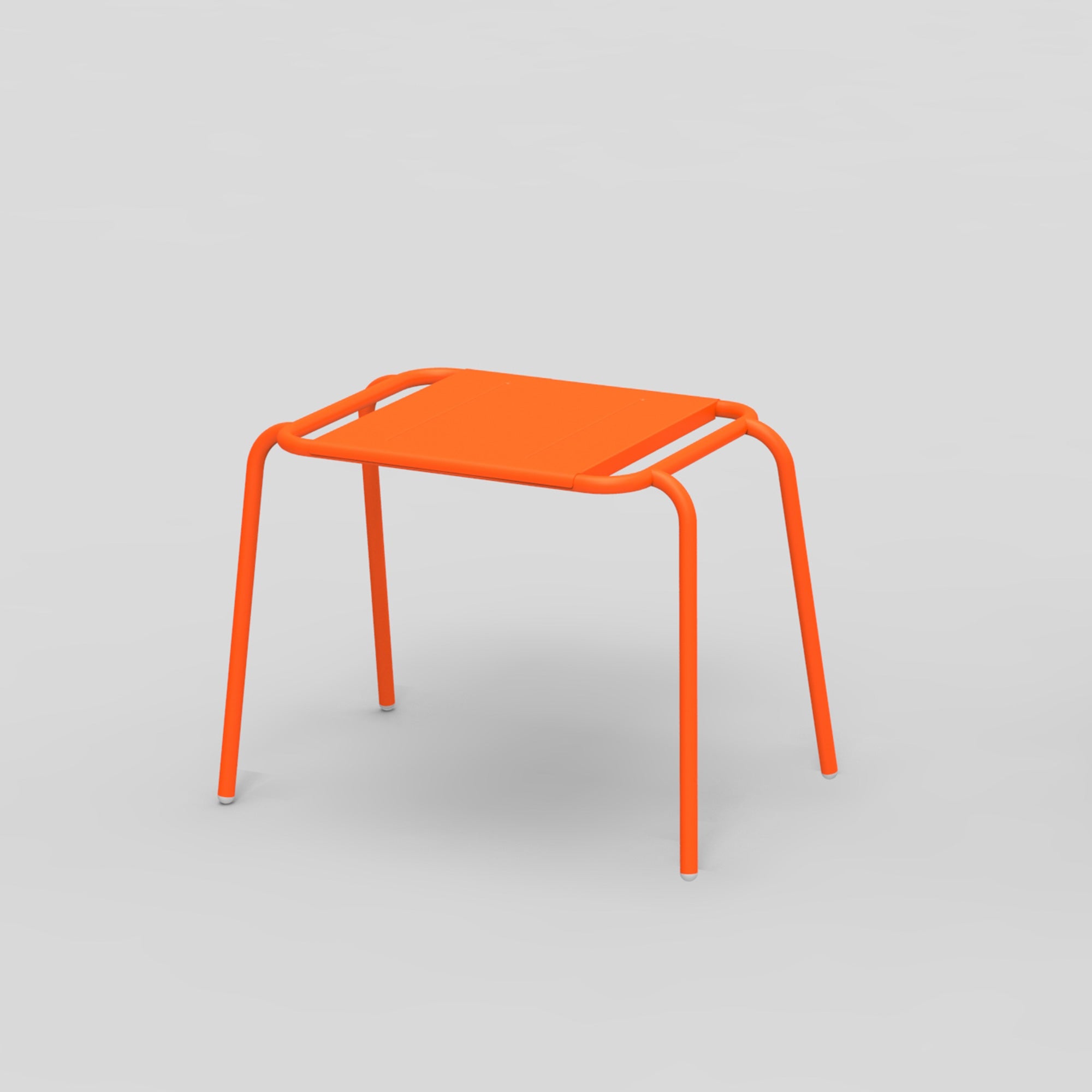 Meet the Hama Stool by Echtstahl: a modern, minimalist orange stool with four angled legs and a rectangular seat. Crafted from durable stainless steel, its stackable and presented against a light grey background for contemporary flair.