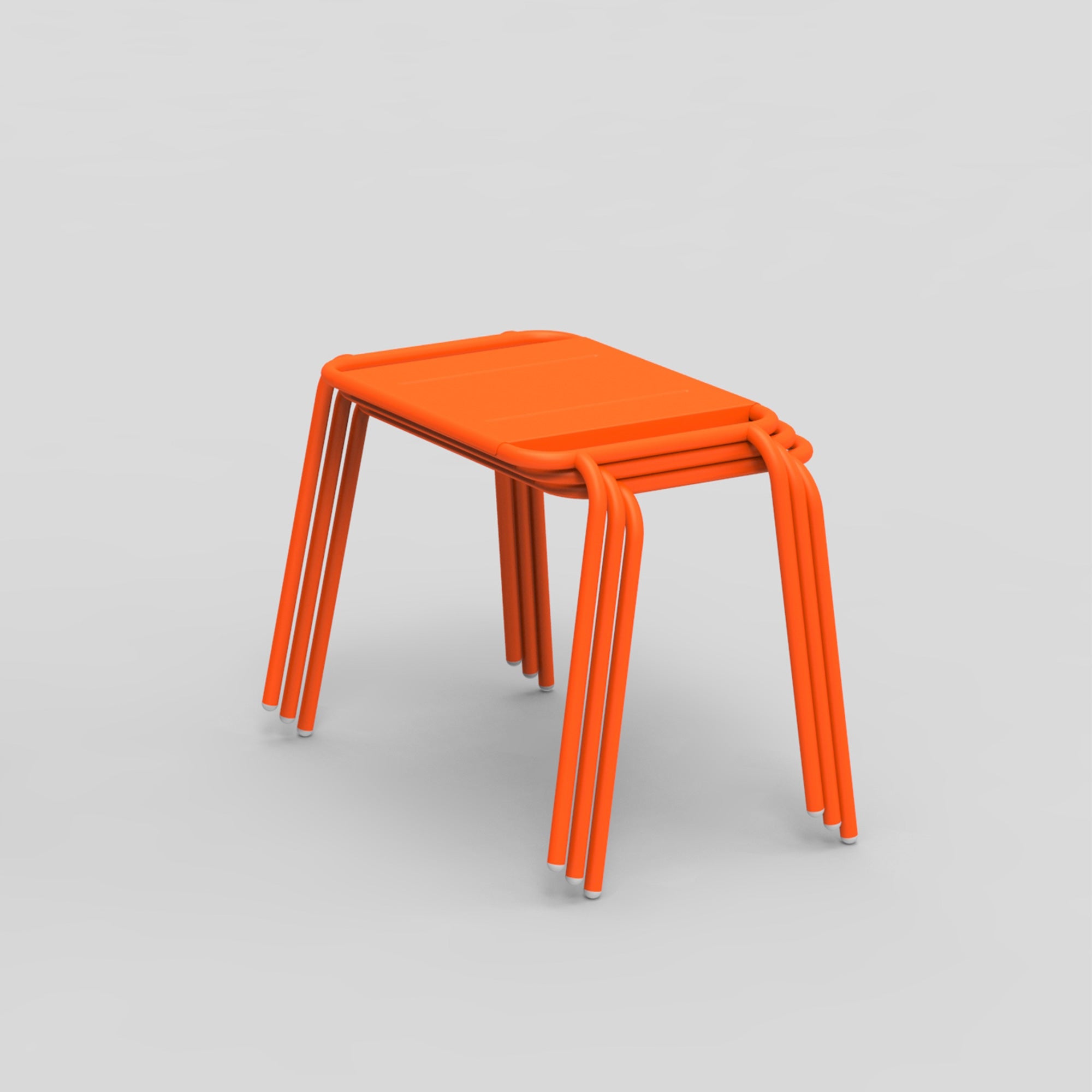 A set of orange, stackable Echtstahl Hama Stools with sleek metal legs is arranged on a light gray background. Their rectangular seats and stainless steel accents epitomize modern minimalism.