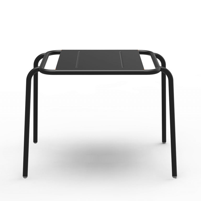 Sleek black table with a square top and rounded edges, supported by four curved stainless steel legs. The modern design stands out against a plain white background, perfectly complementing the elegant Echtstahl Hama Stool.