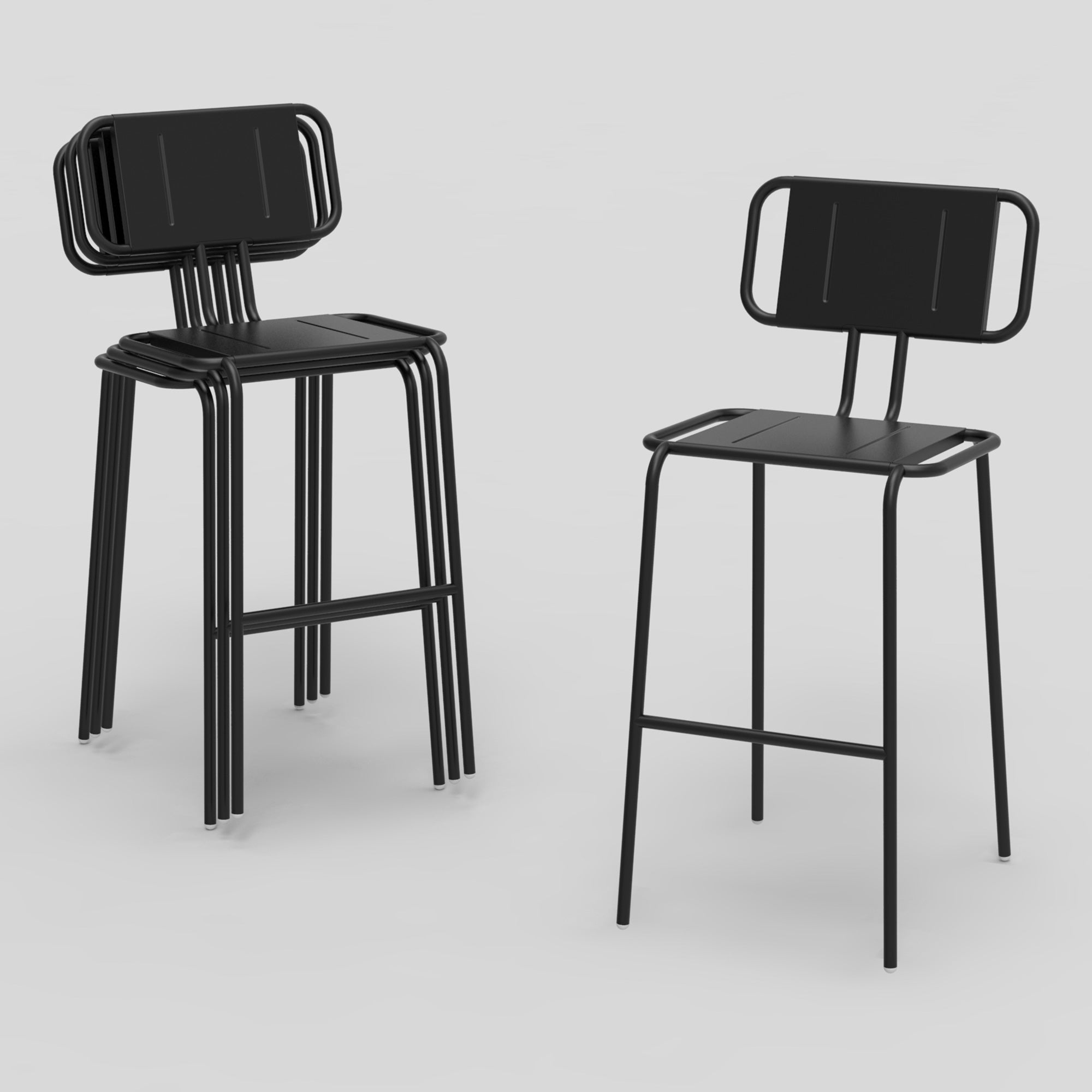 Echtstahls Hama Barstools feature two black metal designs with rectangular backrests and curved legs crafted from sleek stainless steel. One is stackable, while the other stands alone, showcasing minimalist modern design against a light gray background.