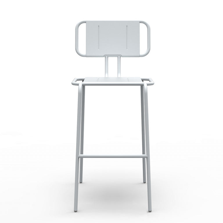 The Hama Barstool by Echtstahl is a minimalist white stool featuring a rectangular backrest and straight legs, made from durable stainless steel. The design boasts clean lines with no extra ornamentation, showcased against a plain white background.