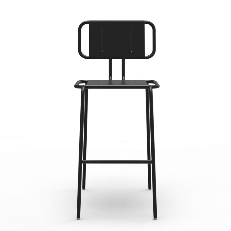 The Hama Barstool by Echtstahl is a modern, minimalist black metal stool with a rectangular backrest and slim legs made from durable stainless steel. Its stackable design is photographed against a plain white background, highlighting its sleek aesthetic.