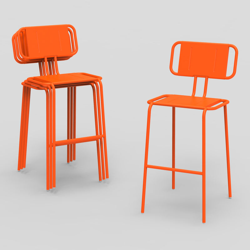 Two orange, modern Echtstahl Hama Barstools with a minimalist design stand against a light gray background. One stool is stacked on others, while the other stands separately, highlighting their stainless steel construction and style.
