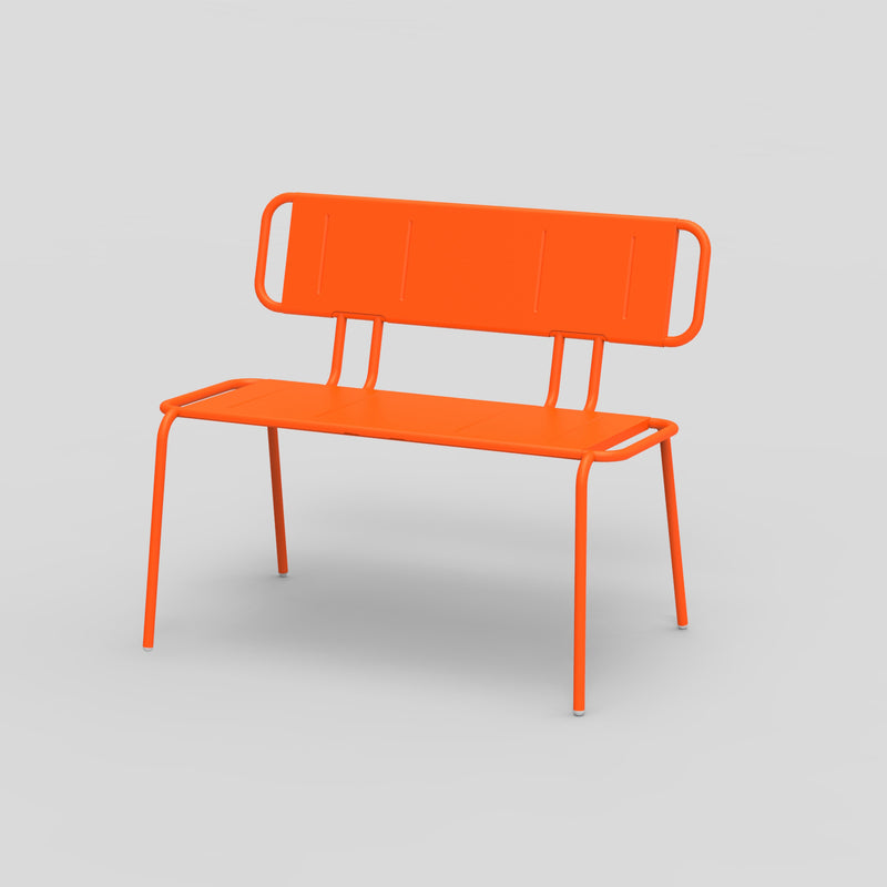 The Hama Bench by Echtstahl features a stainless steel design with an orange flat seat, rectangular backrest with rounded corners, and stands on four straight legs against a light gray background, blending modern elegance and simplicity.