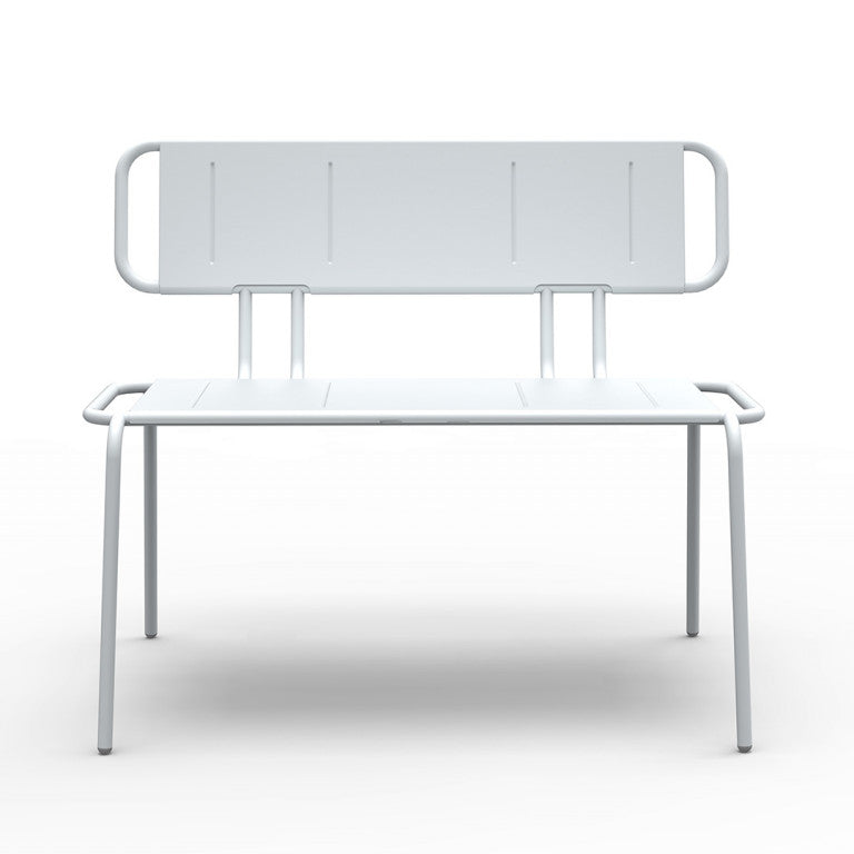 The Hama Bench by Echtstahl is a minimalist white metal bench made from bent pipes, showcasing a geometric design with a rectangular backrest and seat. Supported by four slender legs, its stainless steel construction gives it clean lines and a modern look.