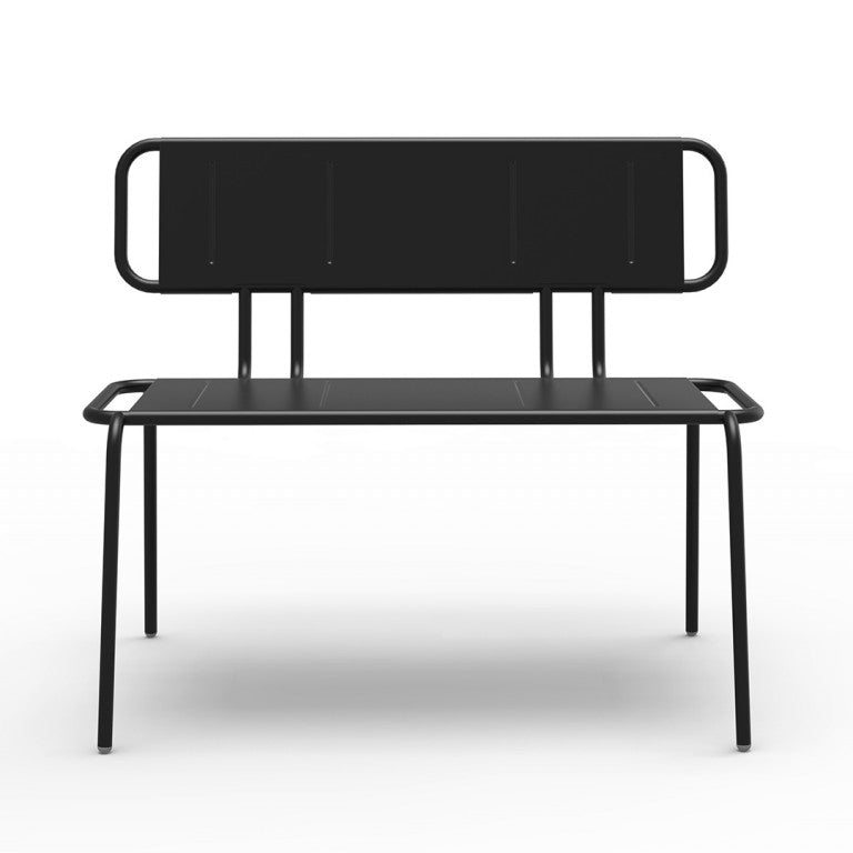 The Hama Bench by Echtstahl is a minimalist black metal bench with a rectangular backrest and seat, featuring bent pipe armrests and legs. Its sleek, modern aesthetic stands out against the plain white background.